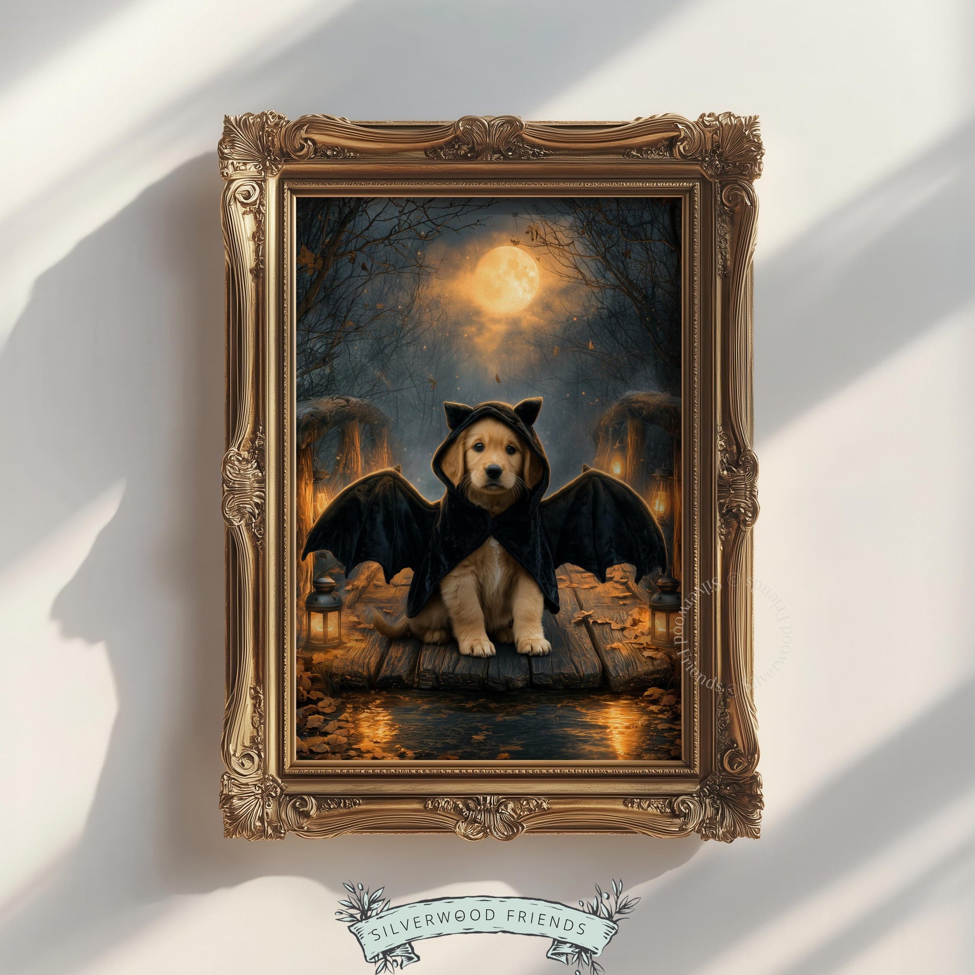 Cute dog in cape digital print for gallery wall — warm and cool tones creating spooky-sweet autumn night landscape