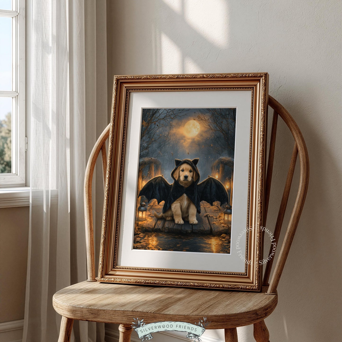 Adorable retriever pup in spooky gear picture — richly detailed digital print featuring warm amber cottage aesthetic against cool night sky