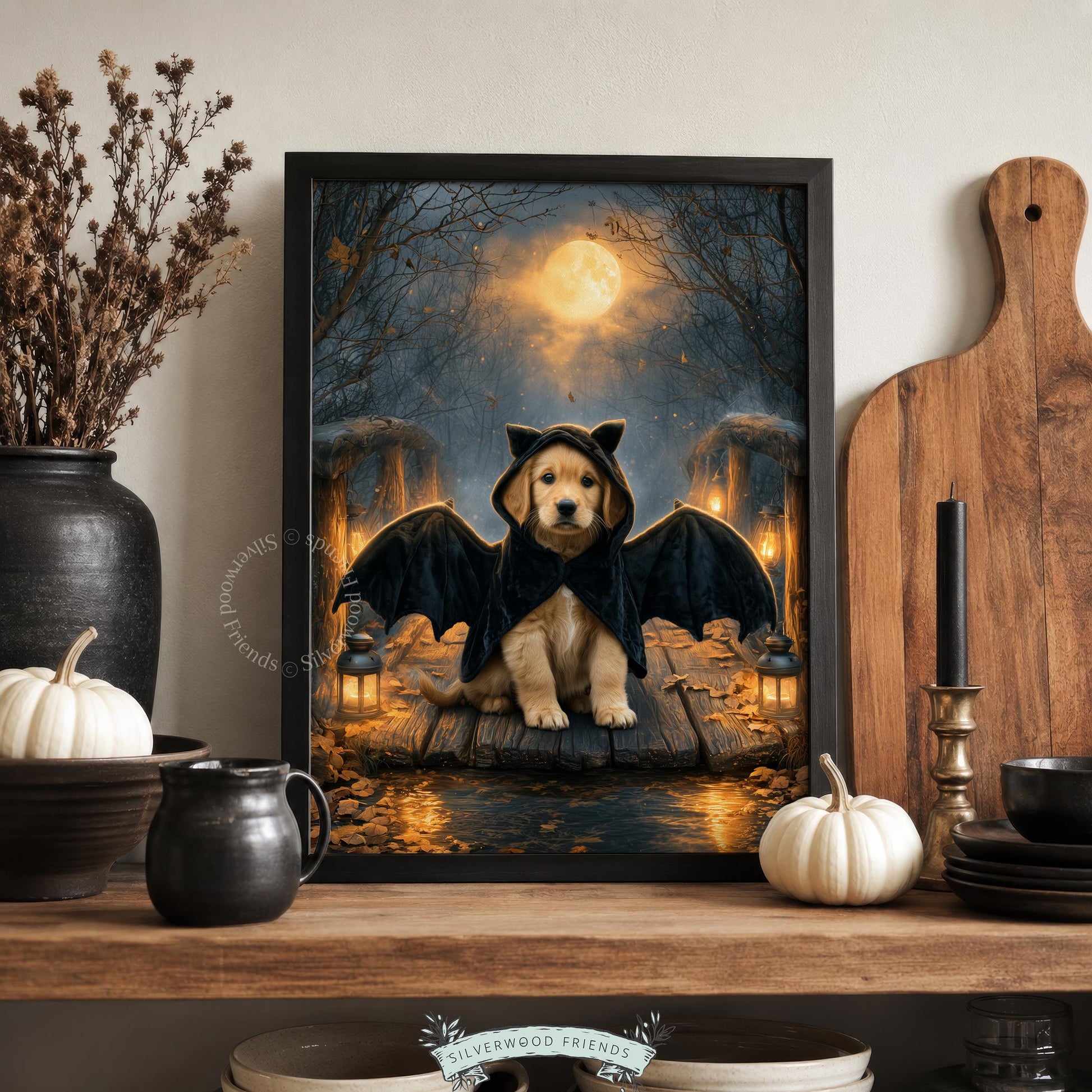 Puppy bat wing costume poster for Halloween — dark blue autumn aesthetic with dock, lanterns, and eerie moonlight