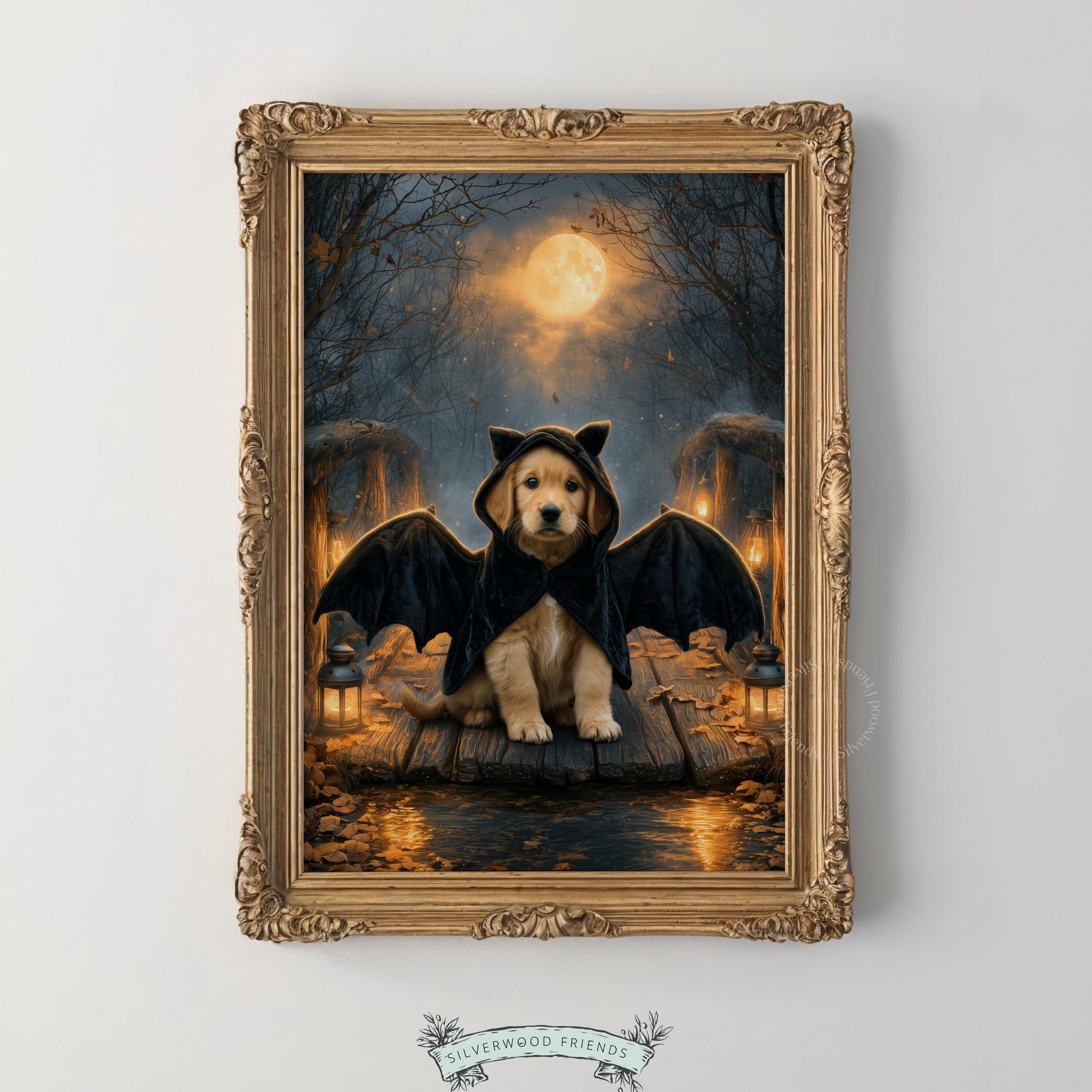 Halloween costume puppy wall art for living space — dark atmospheric painting with glowing orbs and shadowy treeline