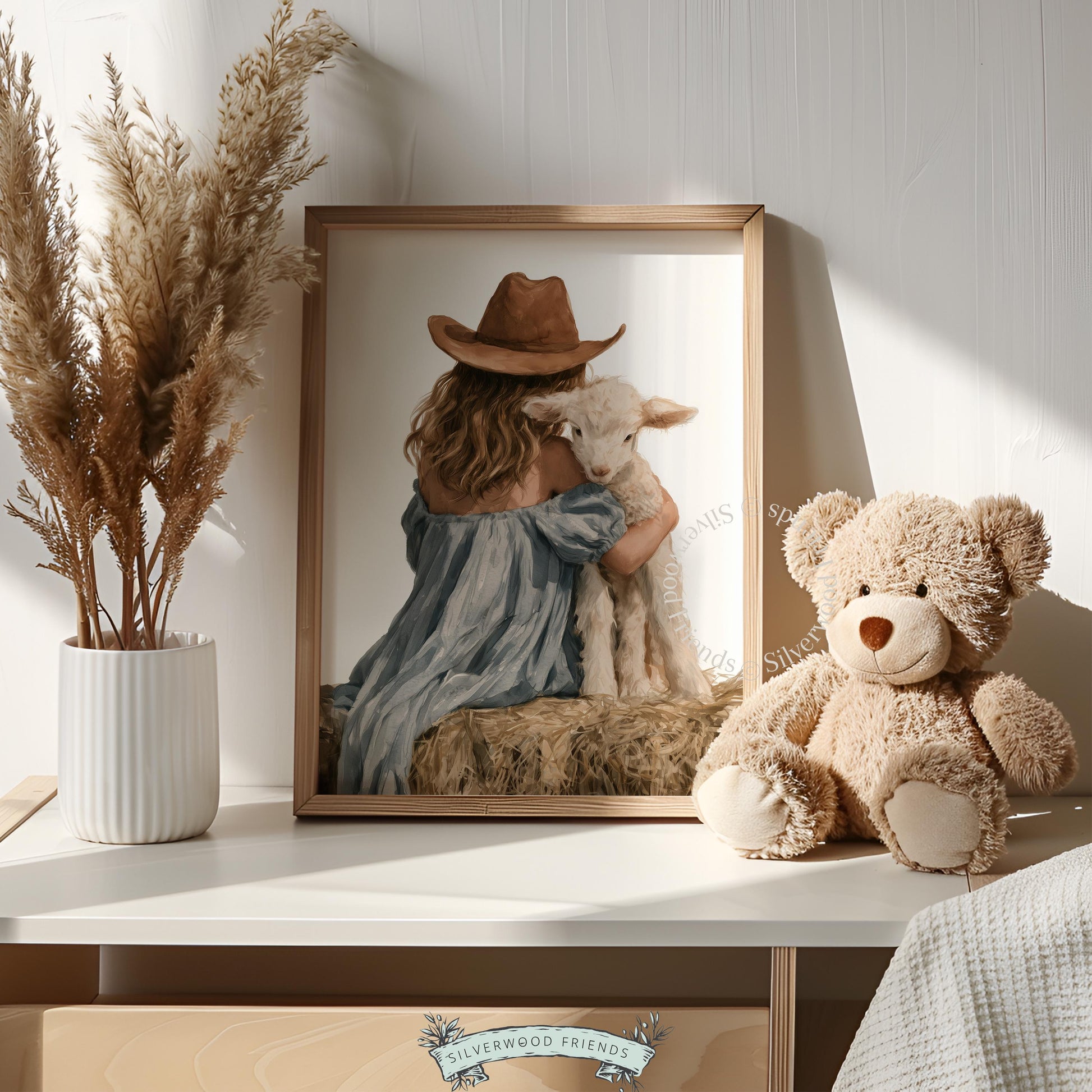 Sheep cuddle illustration digital download for kids space — calming farmstead scene with weathered vintage feel