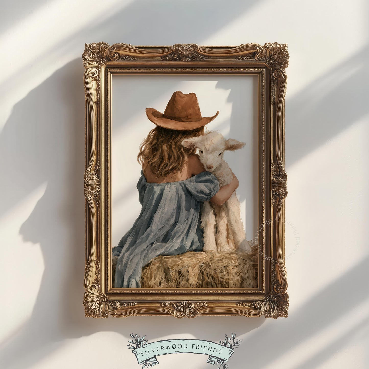 Girl and baby lamb artwork for crib room — warm nostalgic painting with flowing dress and cowboy hat