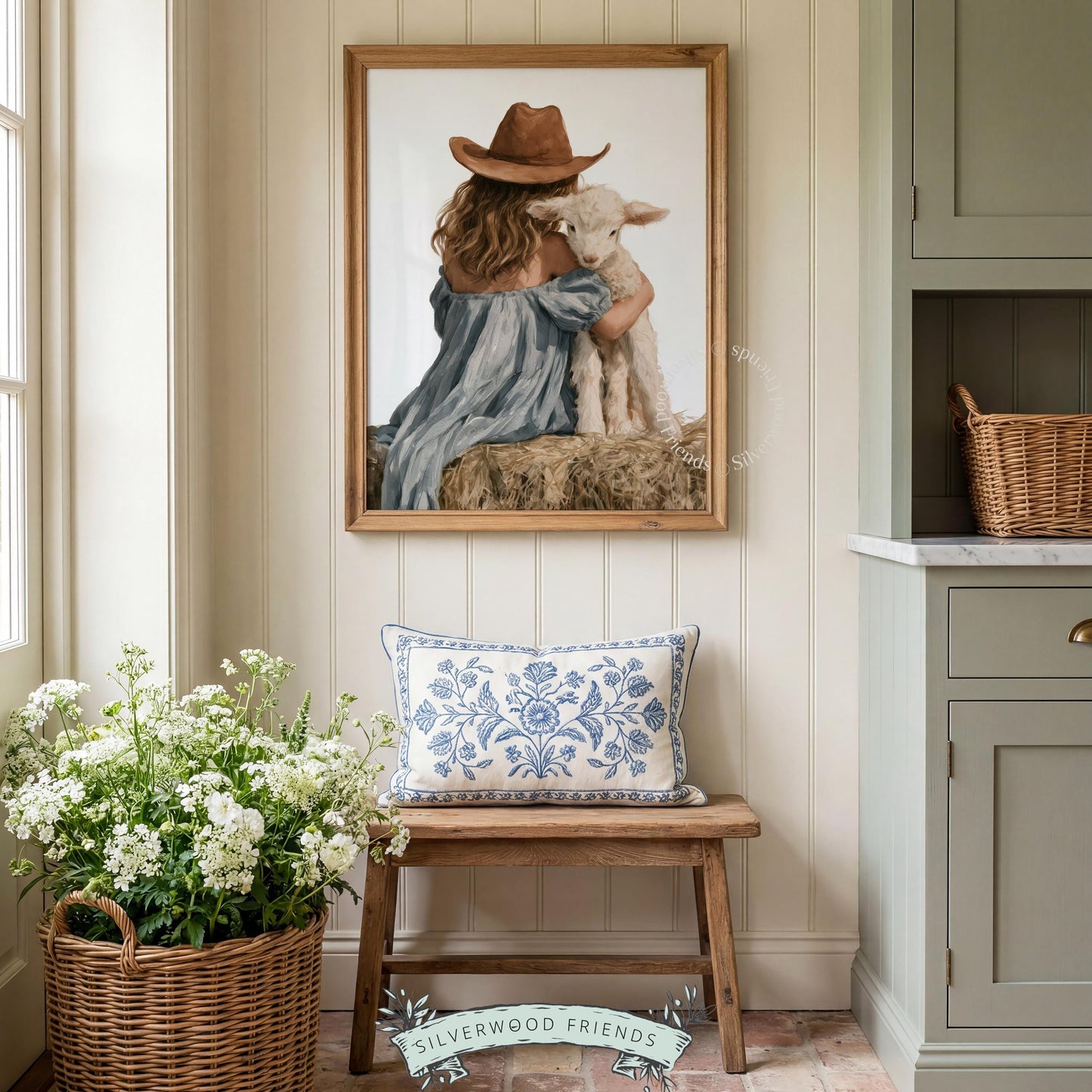 Child embracing sheep picture for western baby room — rustic painted aesthetic with vintage farmyard charm