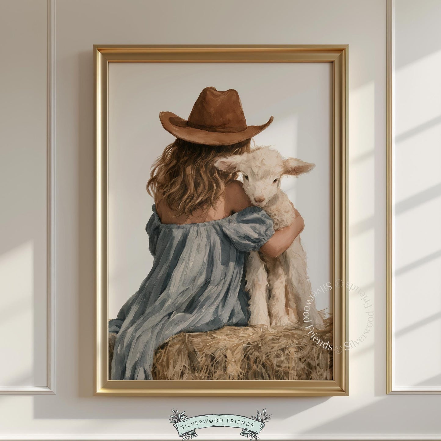 Young girl hugging lamb printable art for nursery — cozy farmhouse painting with rust hat and dusty blue dress