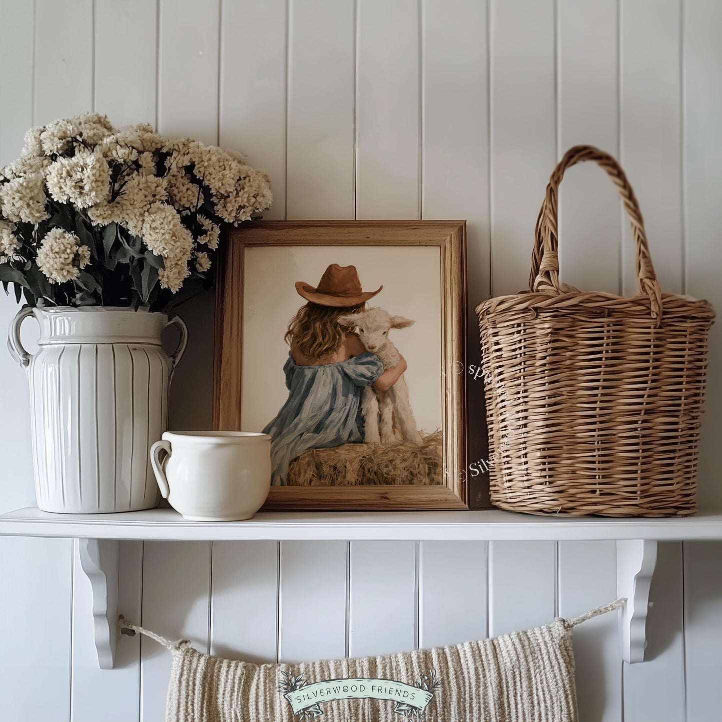 Girl and lamb wall art for baby room — gentle countryside illustration with hay bale and muted color palette