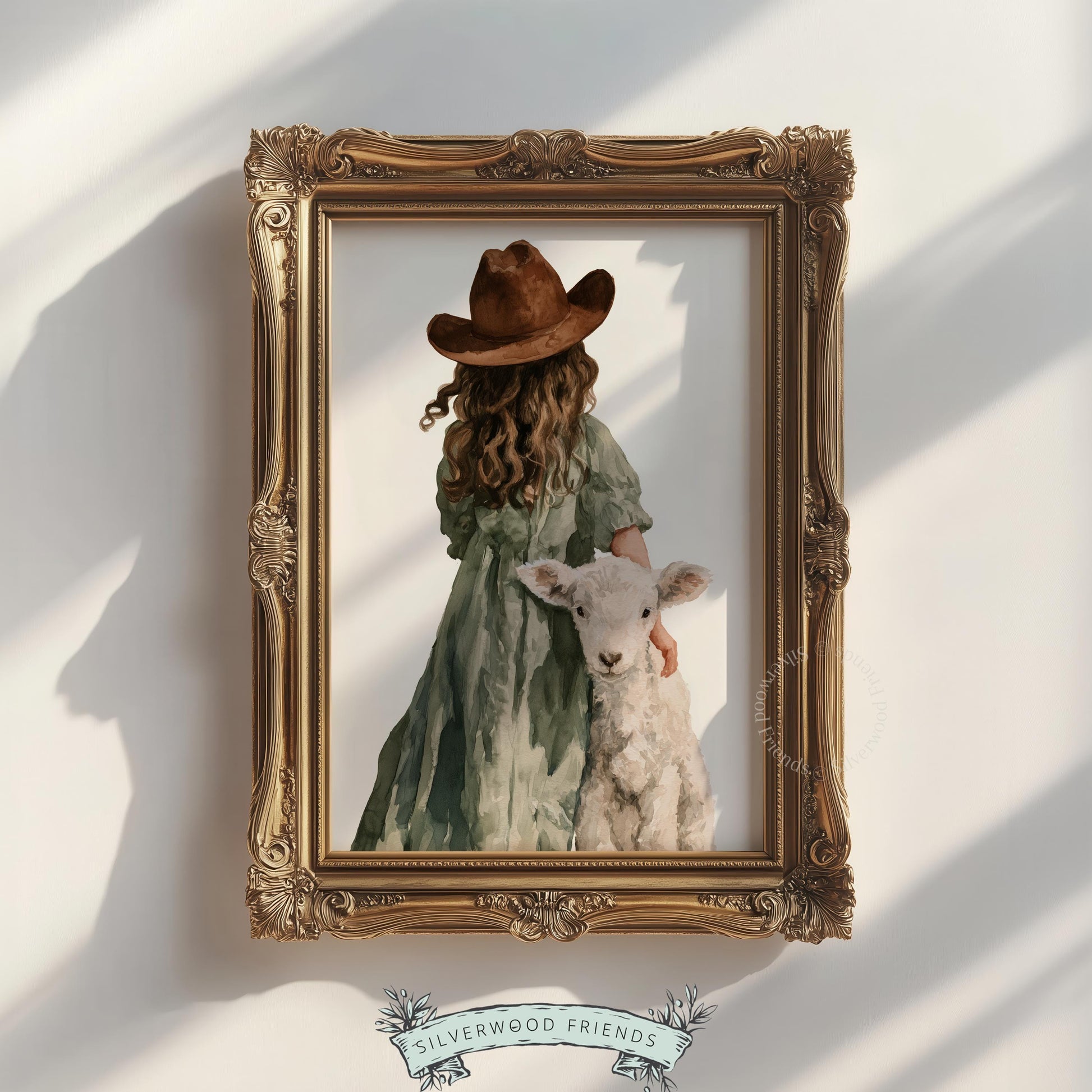 Child in brown hat with lamb digital art for kids room — peaceful pastoral print with soft, dreamy countryside feel