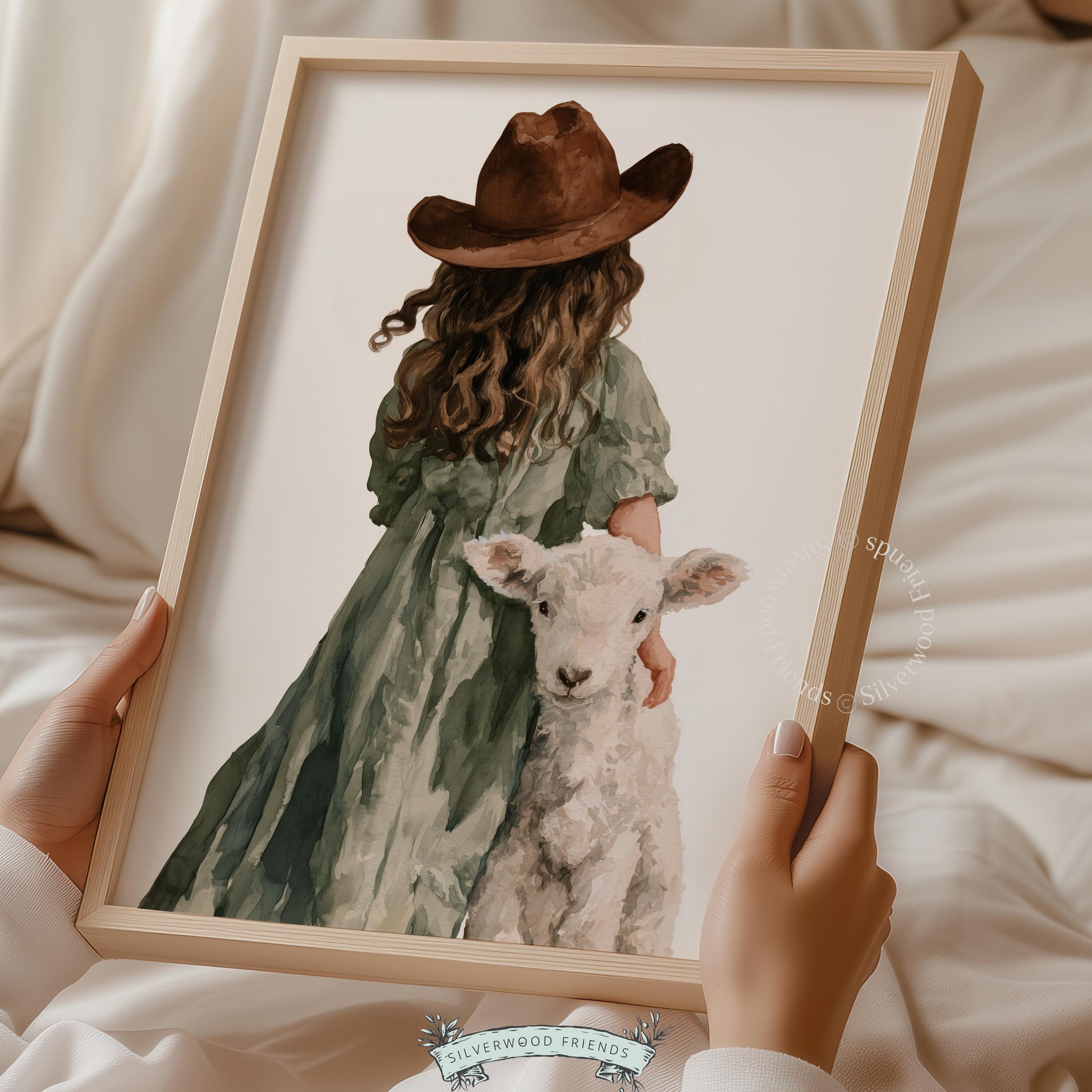 Girl in cowboy hat with baby sheep poster for toddler room — tender farm animal art with soft, peaceful watercolor style
