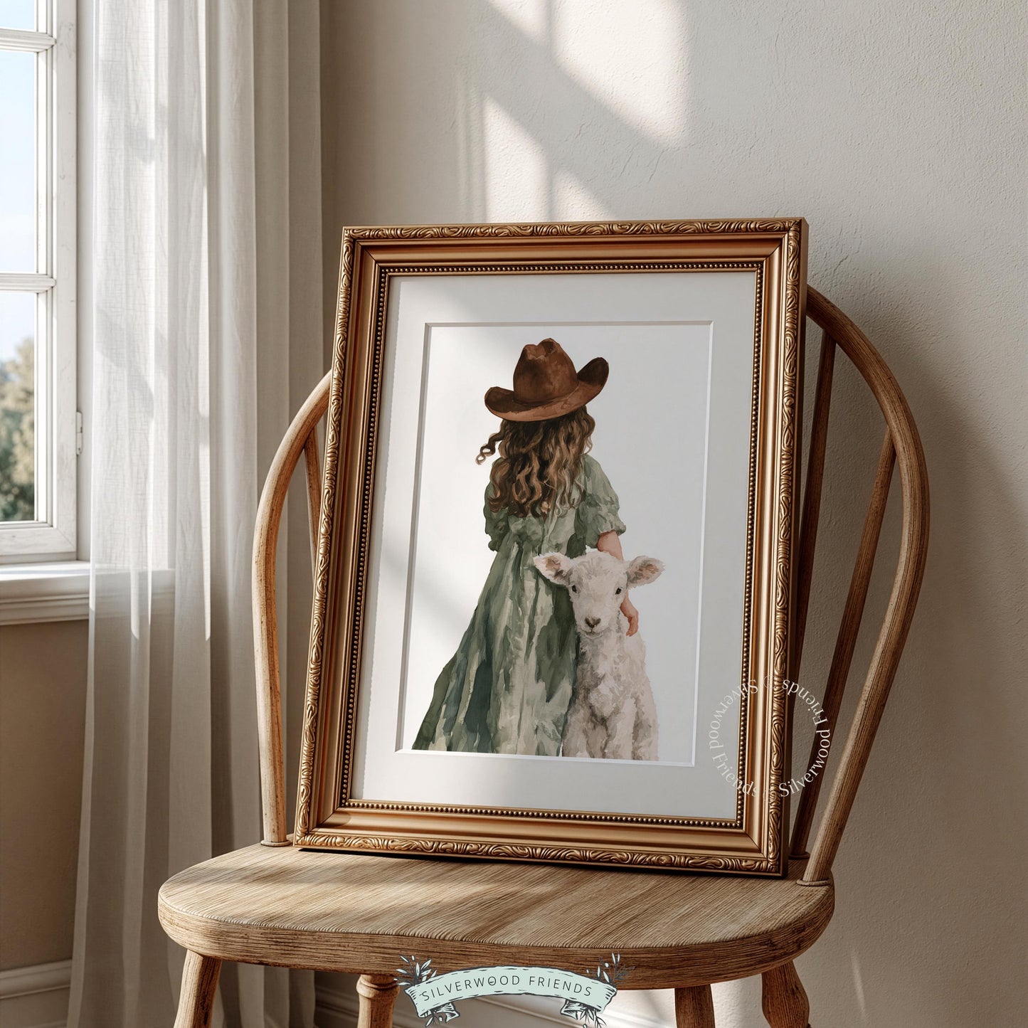 Young rancher with lamb picture for baby room — delicate farm scene in soft washes with quiet, soothing mood