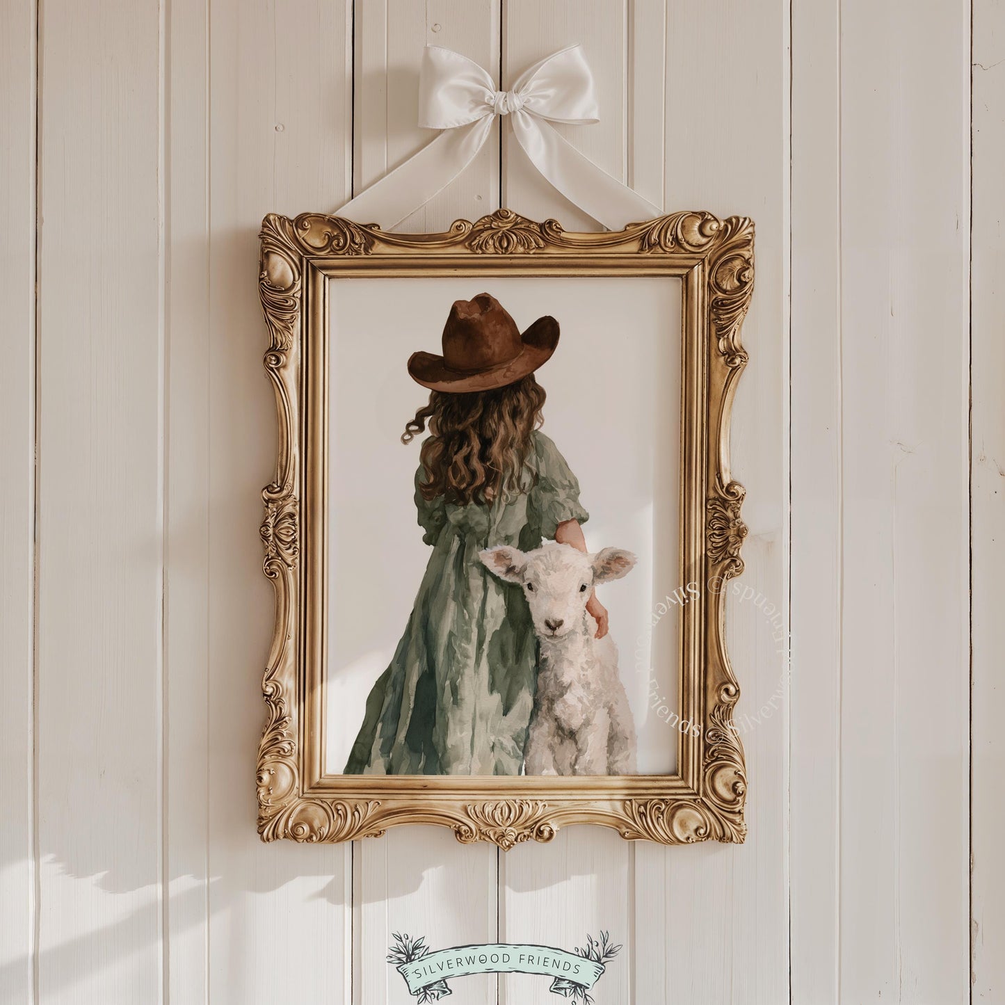 Little cowgirl and baby sheep wall print for nursery — watercolor farmhouse scene with gentle, nurturing mood
