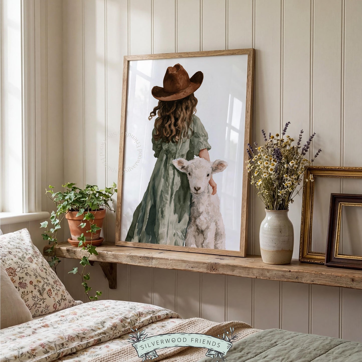 Young cowgirl with white lamb printable art for kids room — soft cottagecore watercolor with quiet, heartwarming pastoral mood