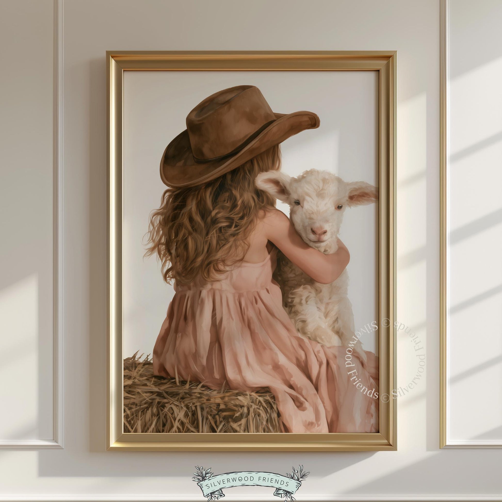 Little one hugging sheep printable wall art for nursery — warm rustic scene with hay and gentle mood