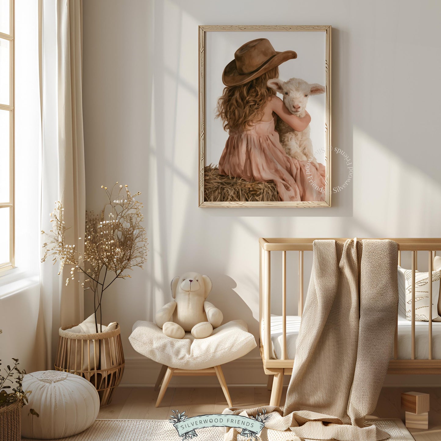 Girl hugging sheep artwork printable art for nursery — soft farmhouse nursery design with cozy rustic mood