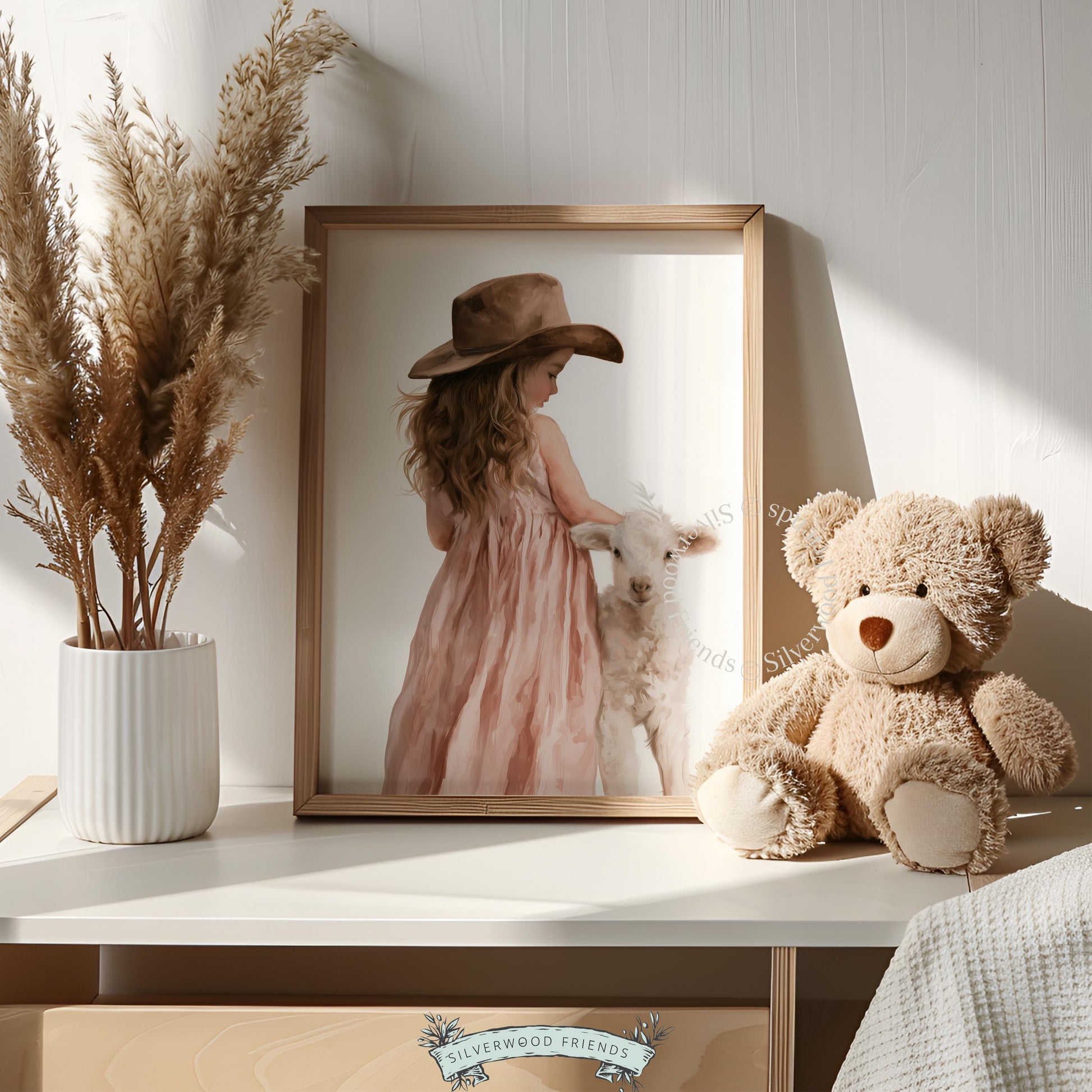 Farmhouse nursery printable art with young girl and lamb — soft muted palette countryside illustration
