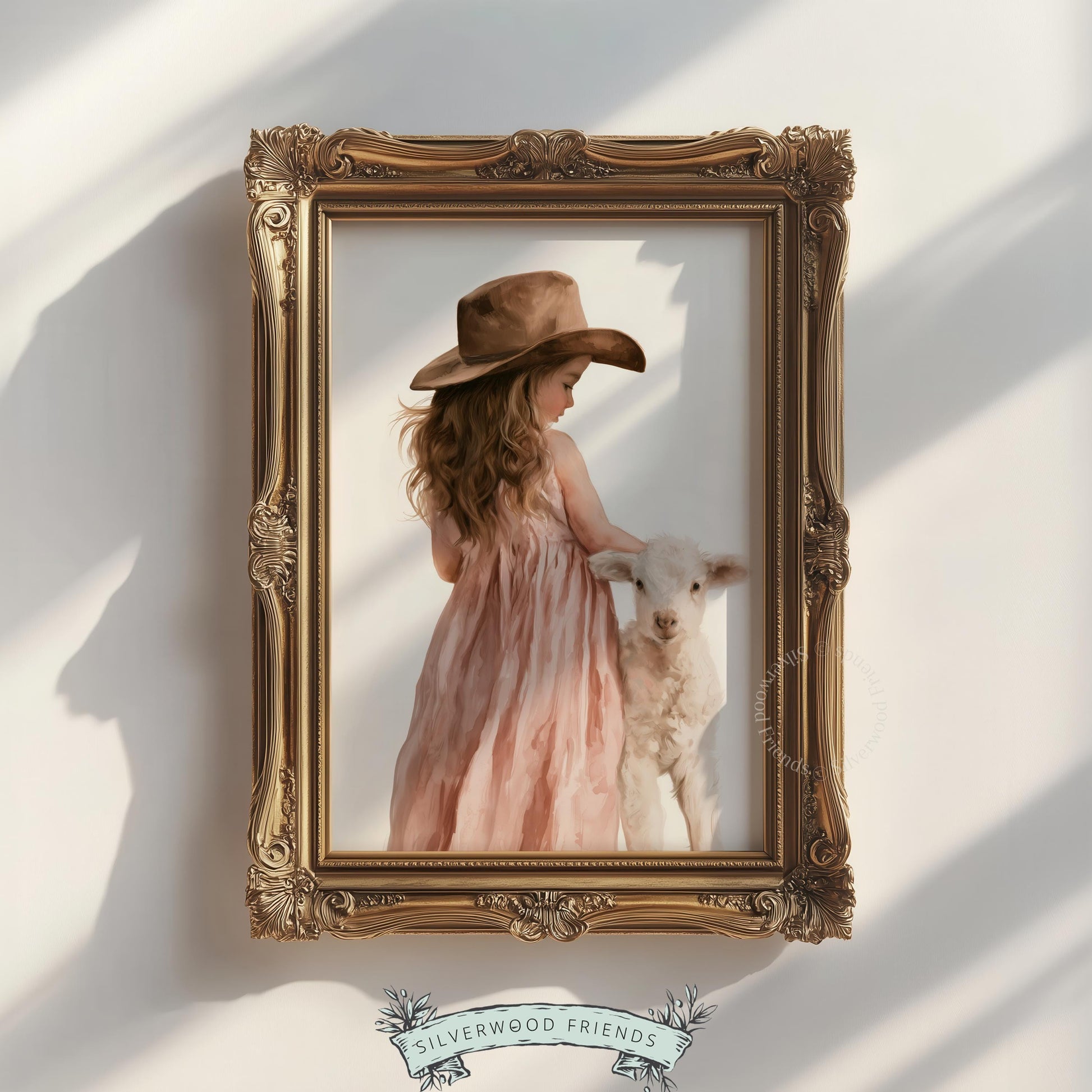 Girl with baby lamb printable art for nursery — soft watercolor farmhouse portrait in blush pink and cream