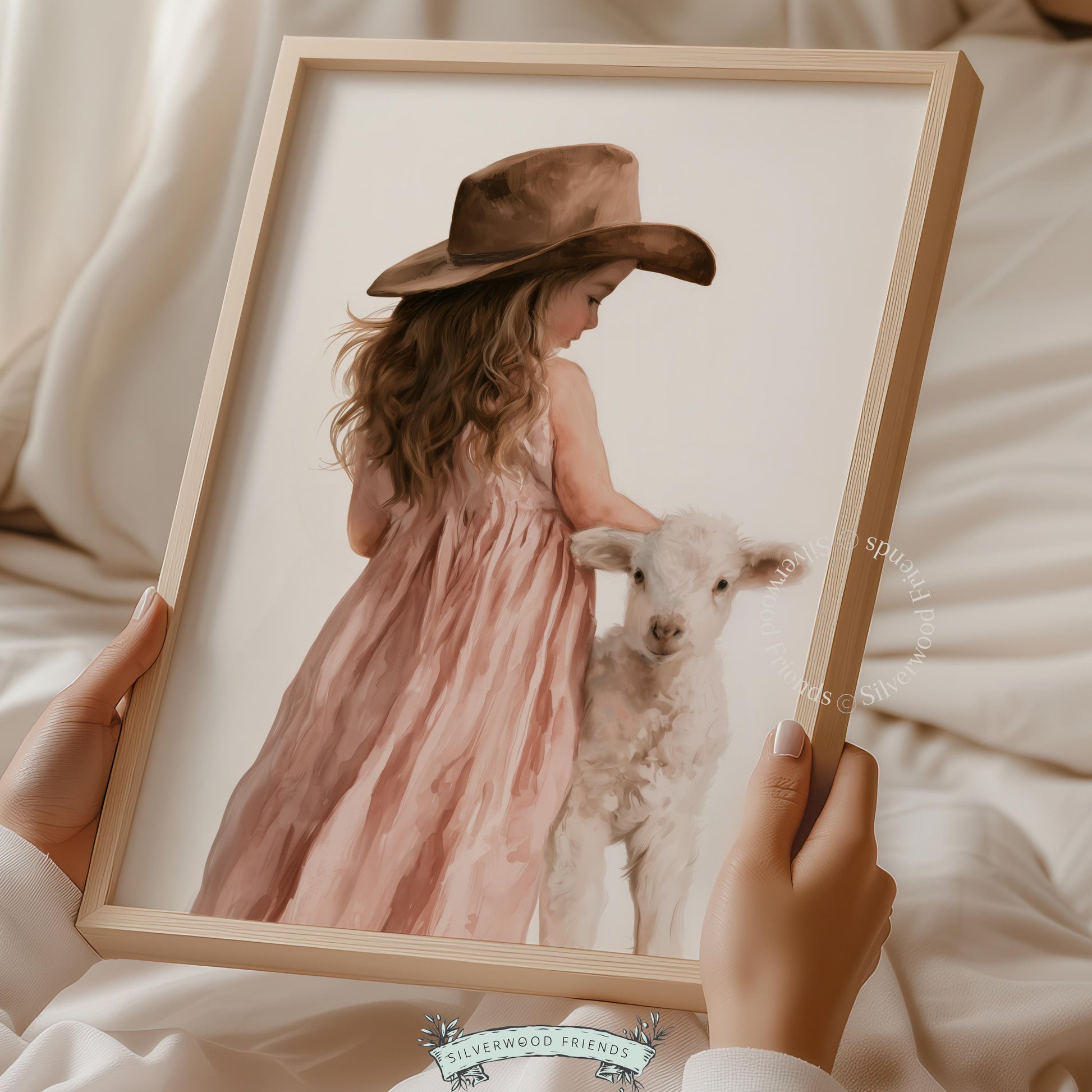 Cowgirl holding lamb wall art for toddler bedroom — delicate painted portrait in rustic farmhouse style
