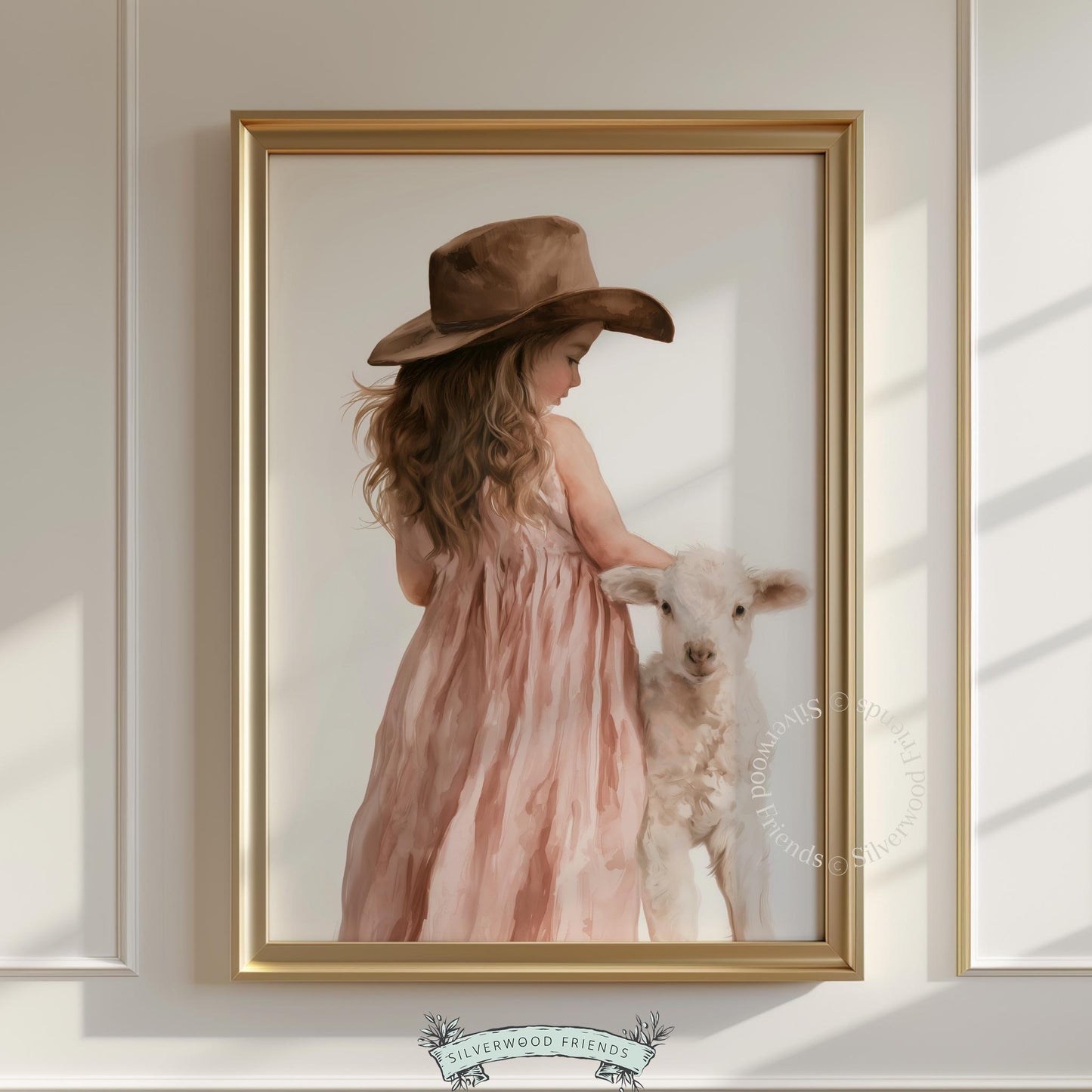 Child in oversized hat with lamb poster for kids room — gentle countryside artwork with peachy color palette