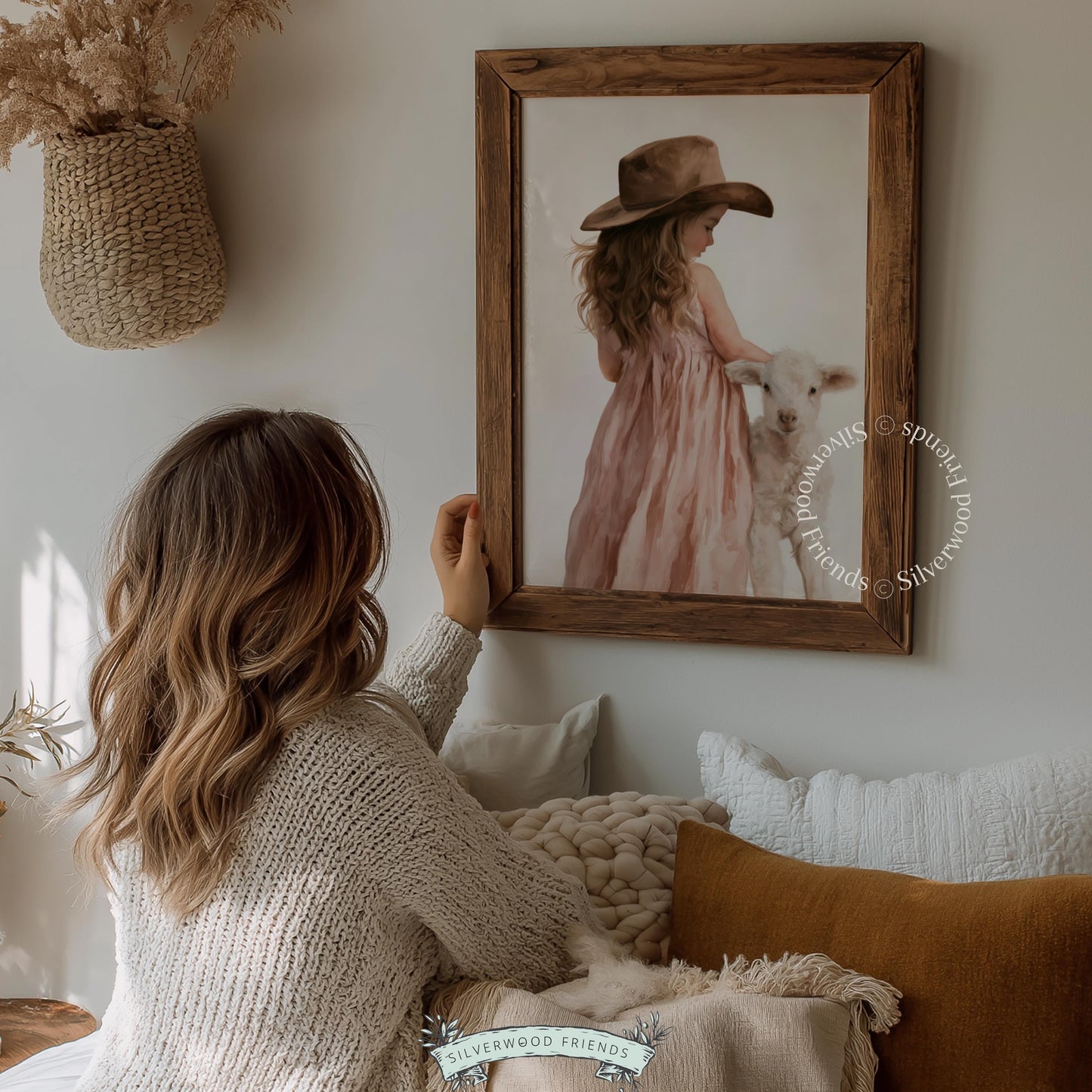 Cowgirl toddler wall picture with lamb — tender illustrated portrait in soft blush and cream tones