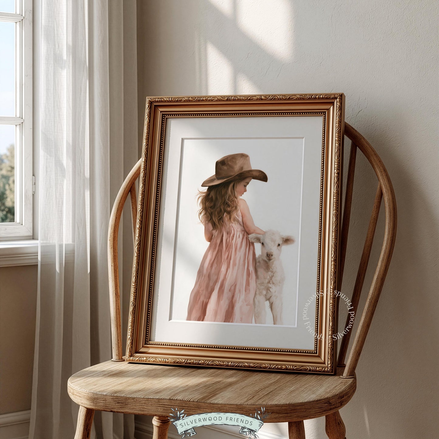 Farm animal nursery art featuring girl holding lamb — charming rustic portrait for children's spaces