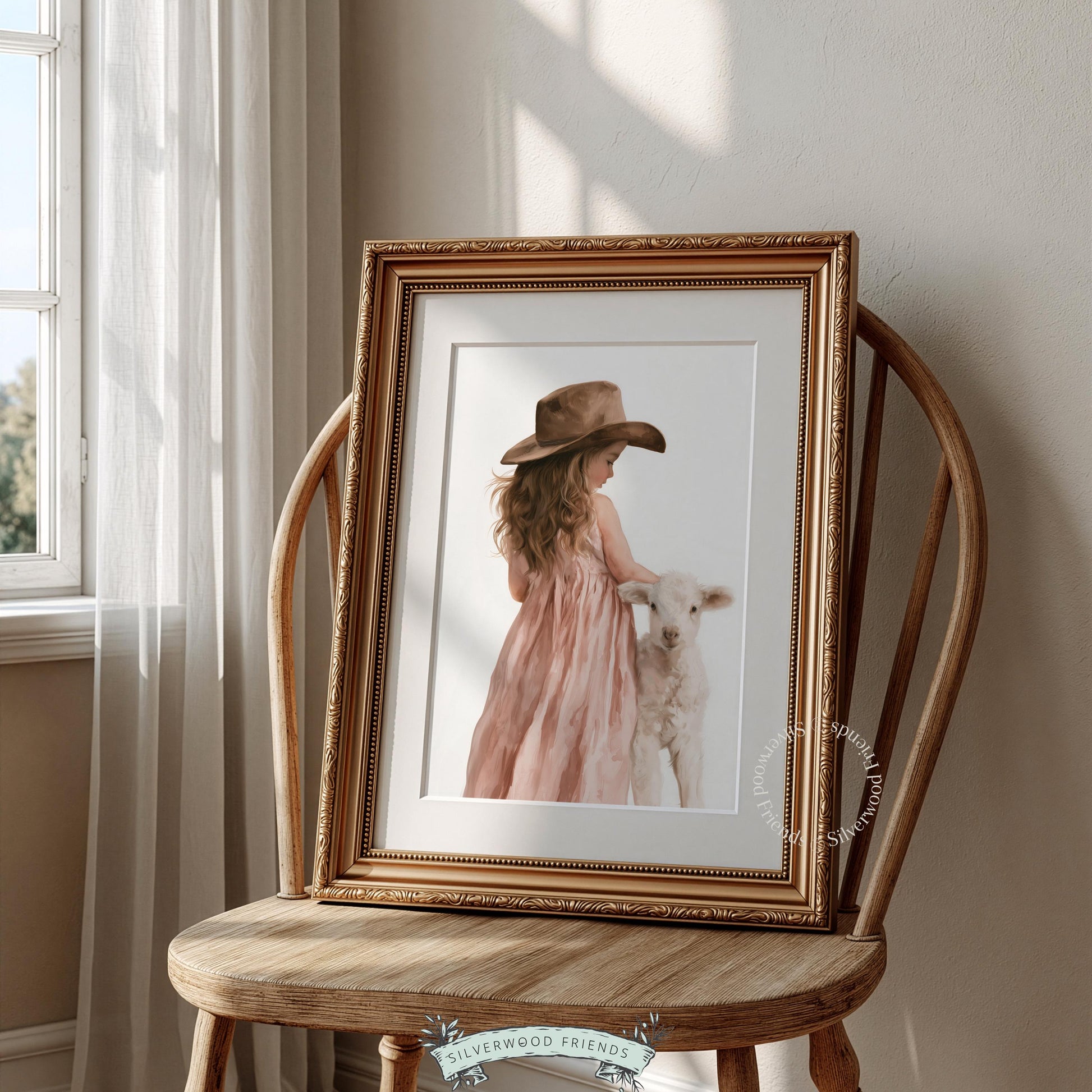 Farm animal nursery art featuring girl holding lamb — charming rustic portrait for children's spaces