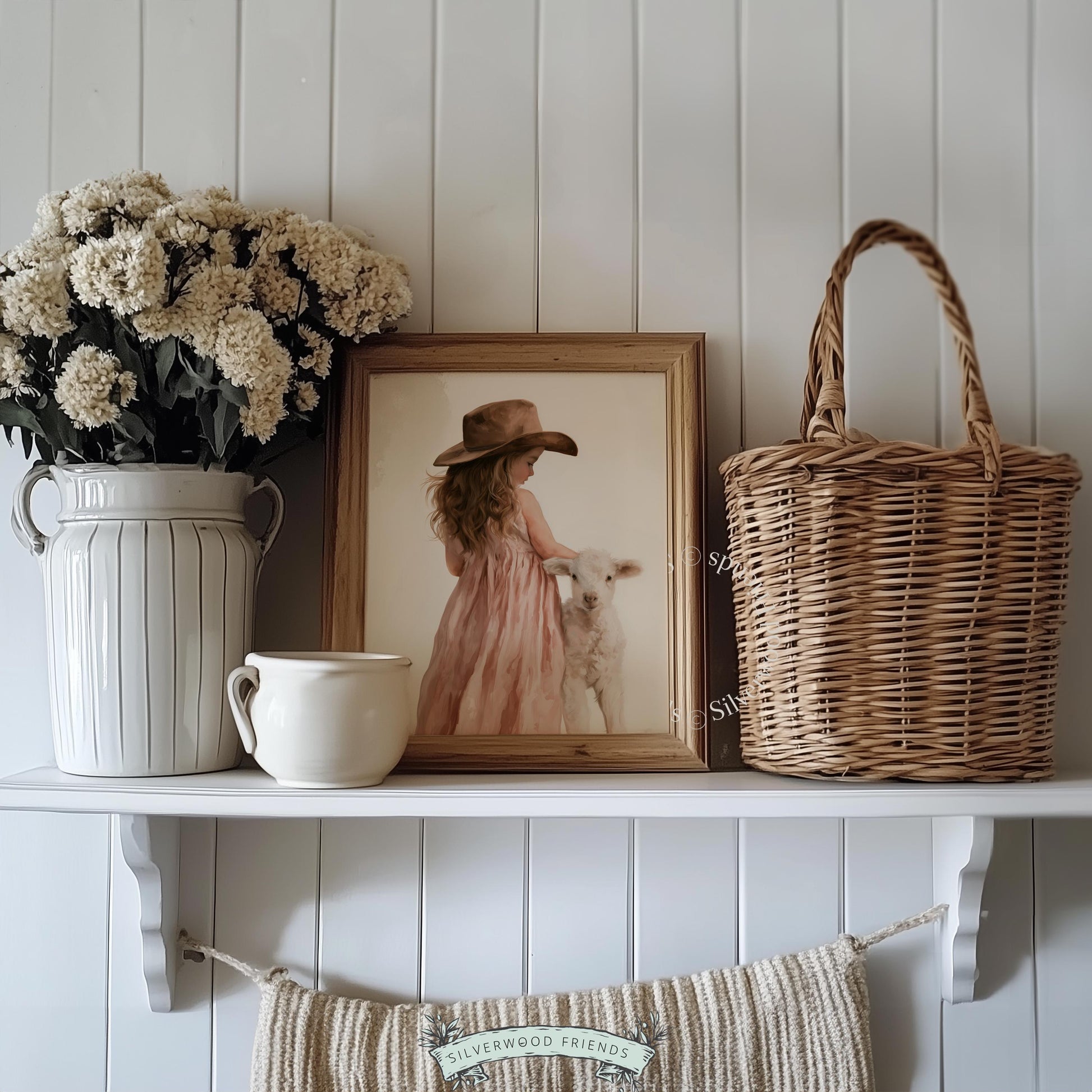 Western-inspired child portrait poster for nursery — girl petting lamb in loose watercolor farmhouse aesthetic