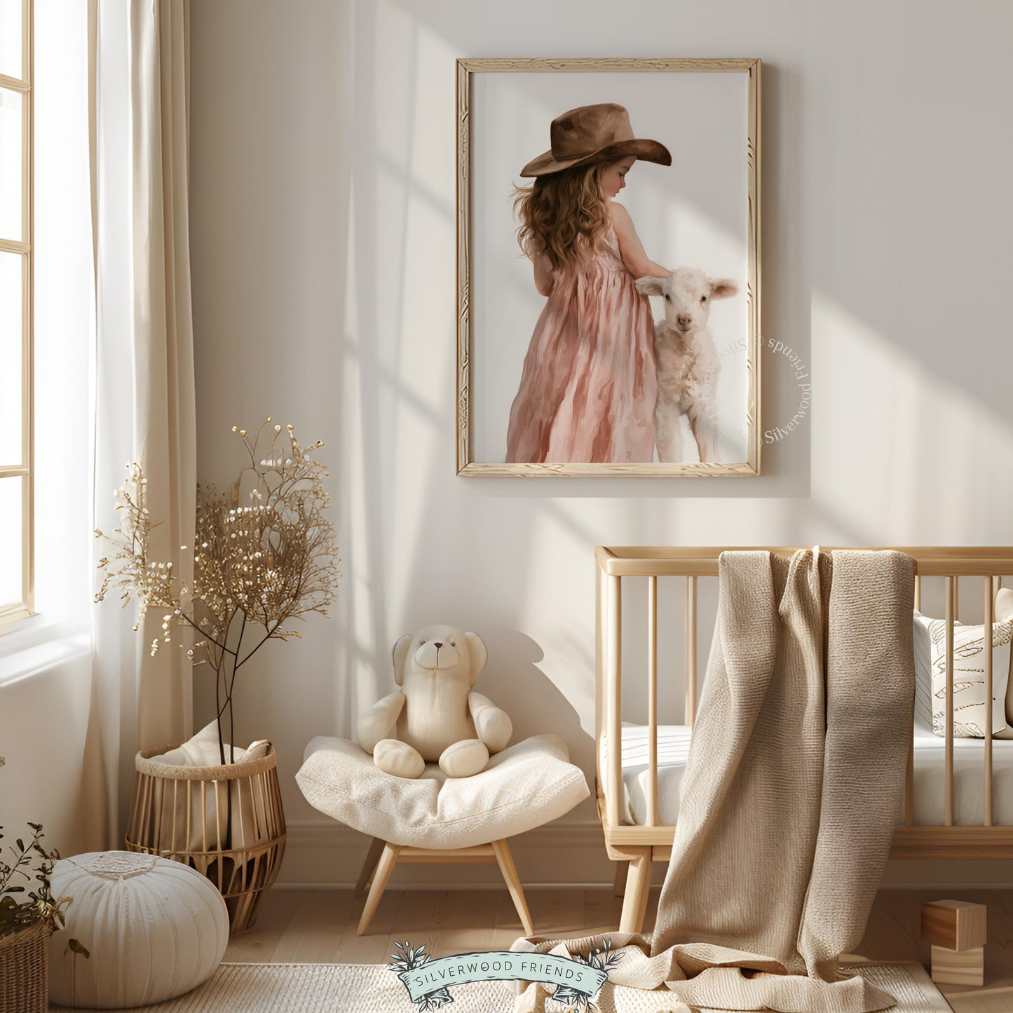 Young child petting white lamb digital print for baby room — tender pastoral scene with muted warm tones