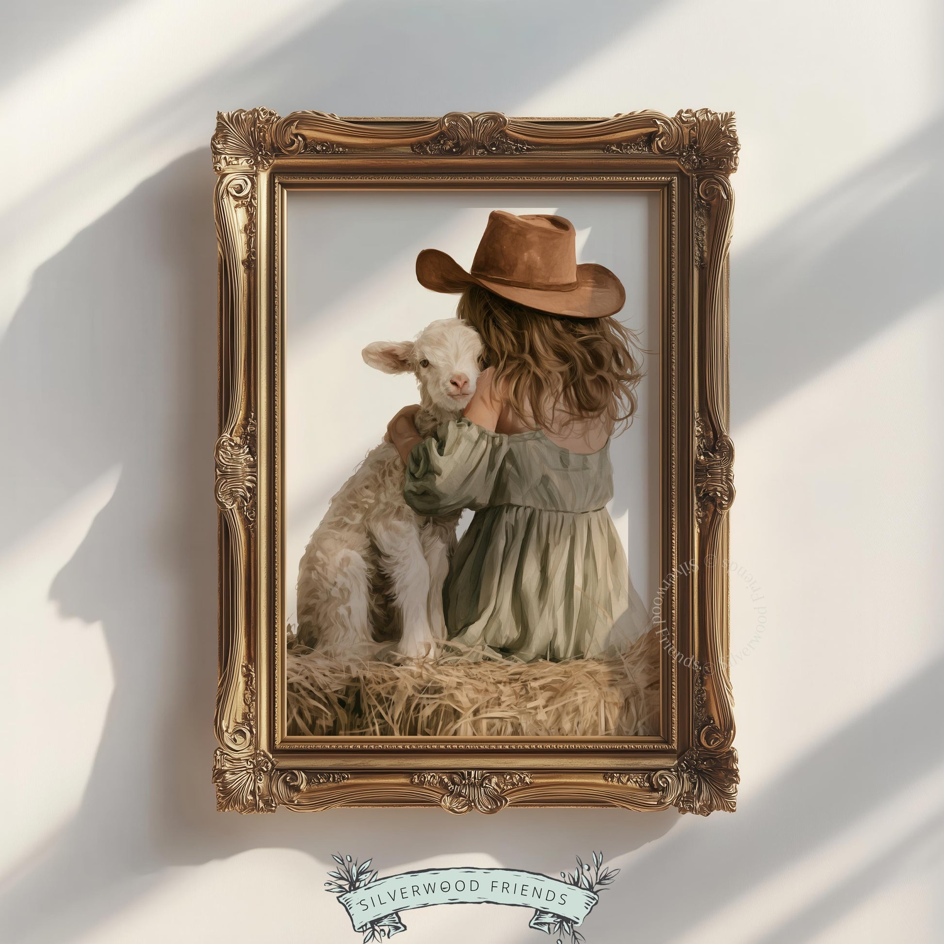 Cowgirl beside white lamb digital poster for western baby room — cozy farmyard illustration in cream tones