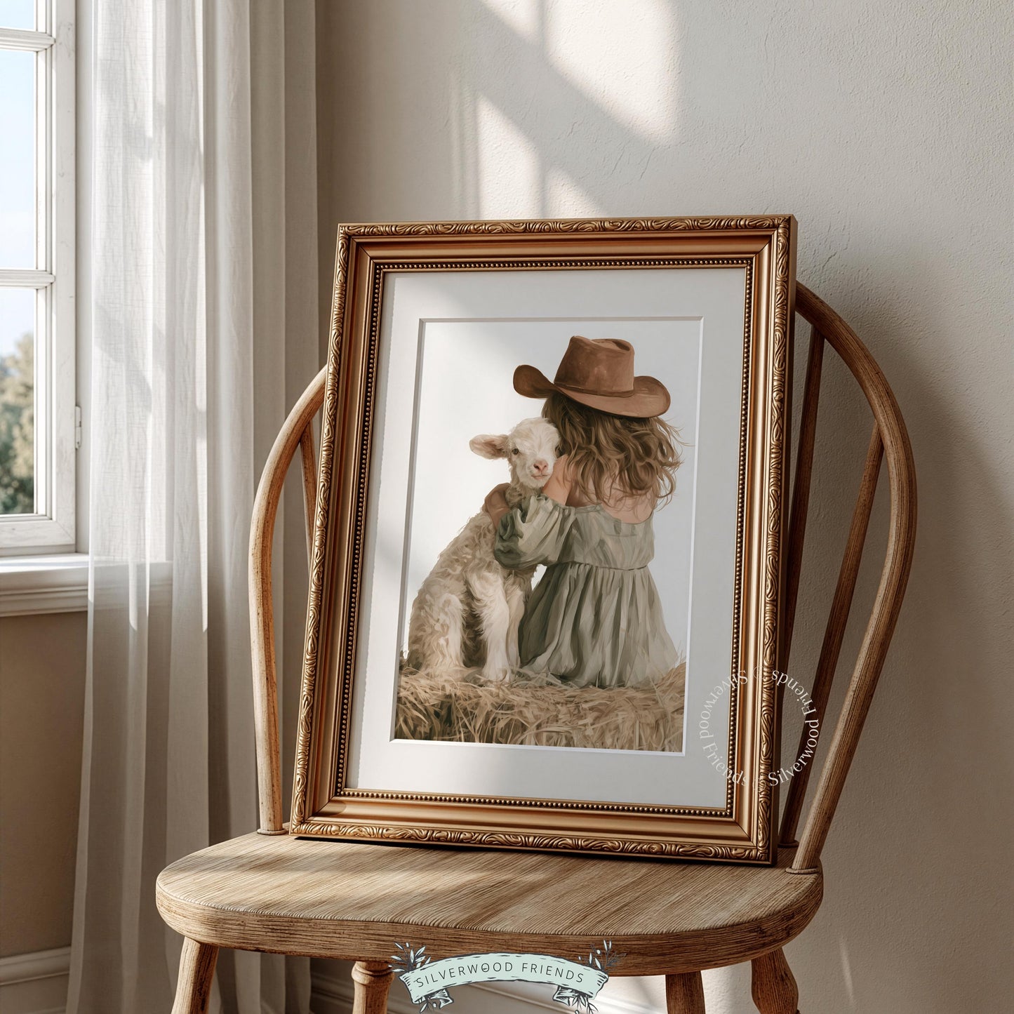 Sweet cowgirl embracing sheep instant download art for baby room — gentle country scene with warm palette