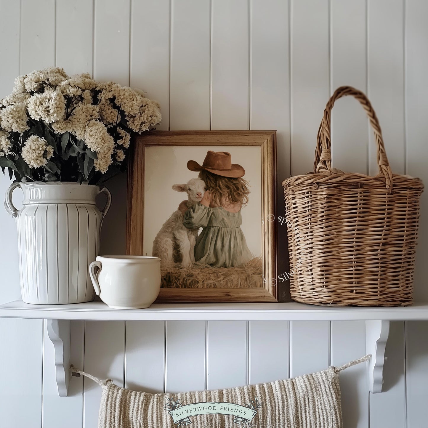 Girl and lamb sitting on hay bale picture for kids room — rustic farmhouse artwork in neutral colors