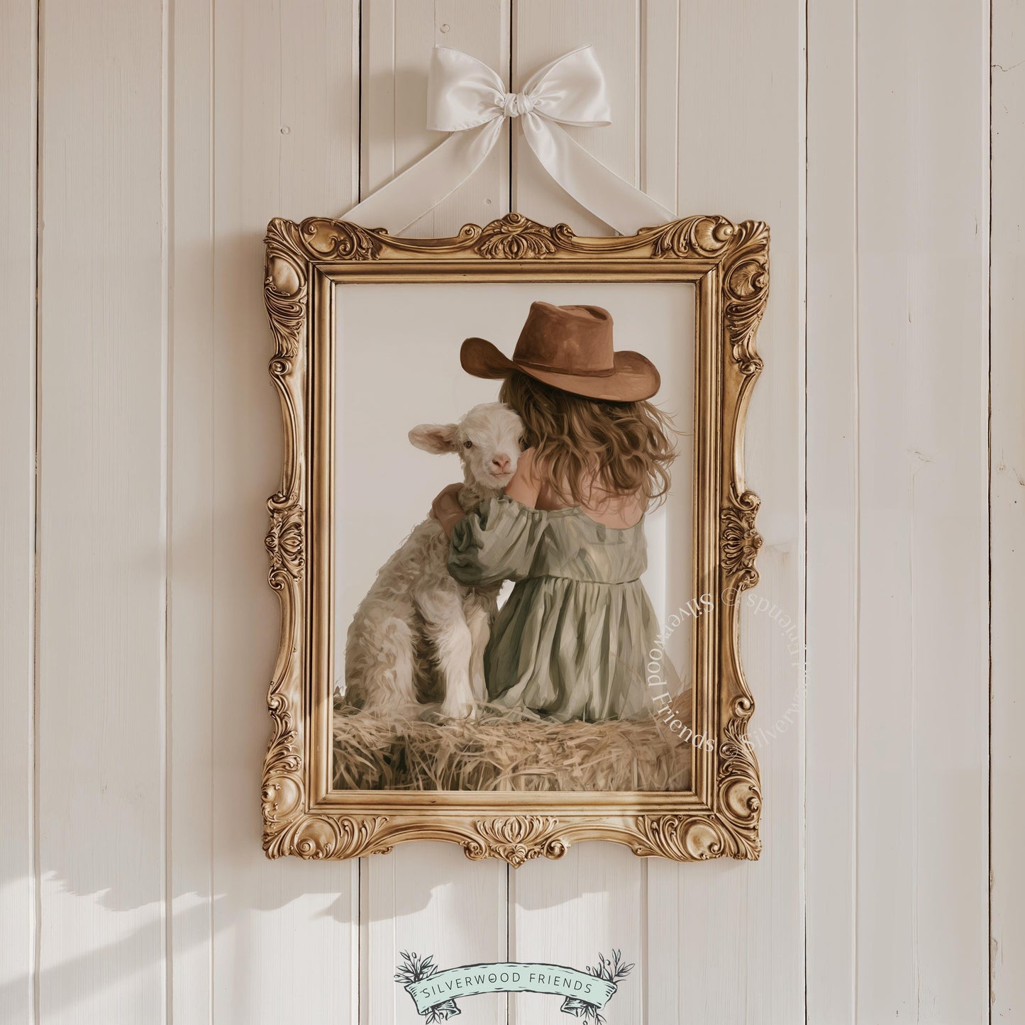 Tender moment with sheep and cowgirl instant download print for kids — soft painterly style ranch scene