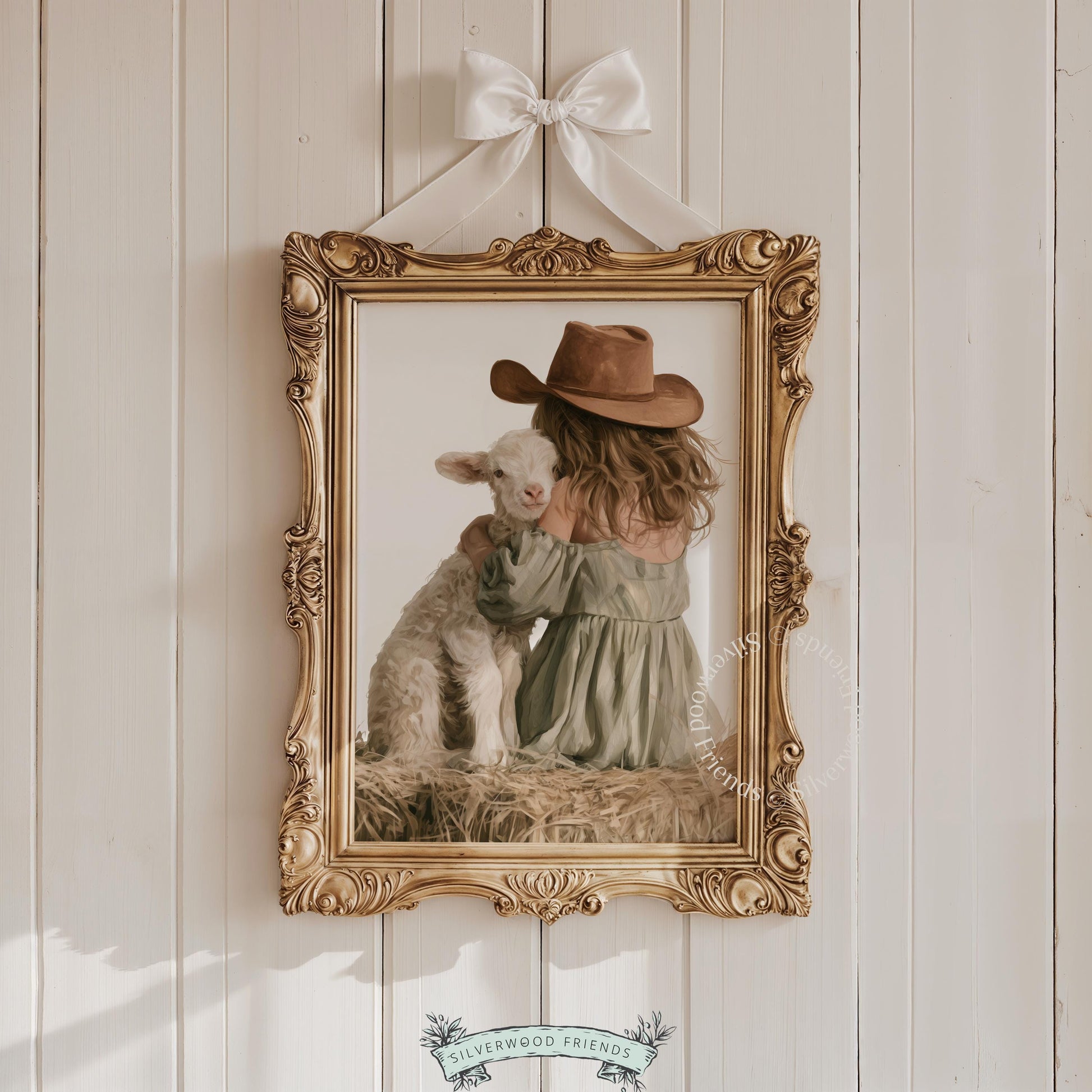 Tender moment with sheep and cowgirl instant download print for kids — soft painterly style ranch scene