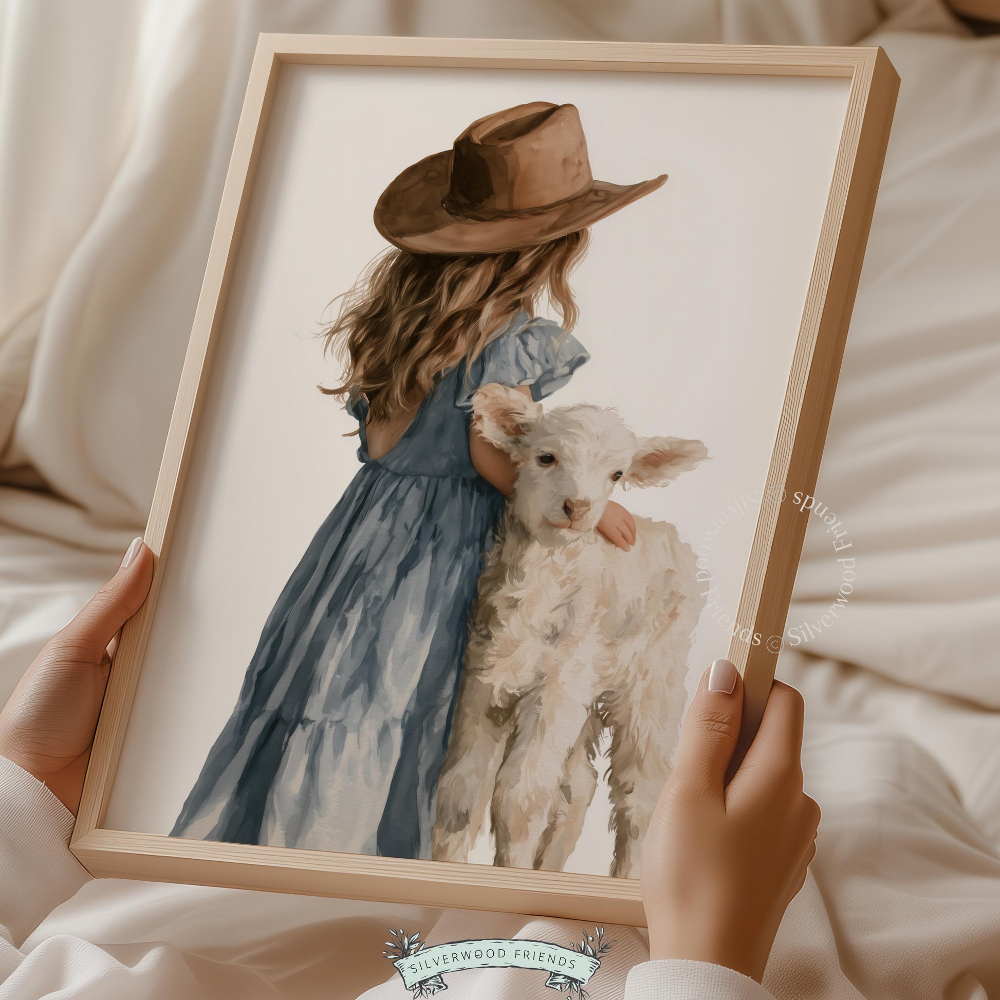 Young farmer with lamb wall print for nursery decor — sweet pastoral scene in soft dusty blue dress