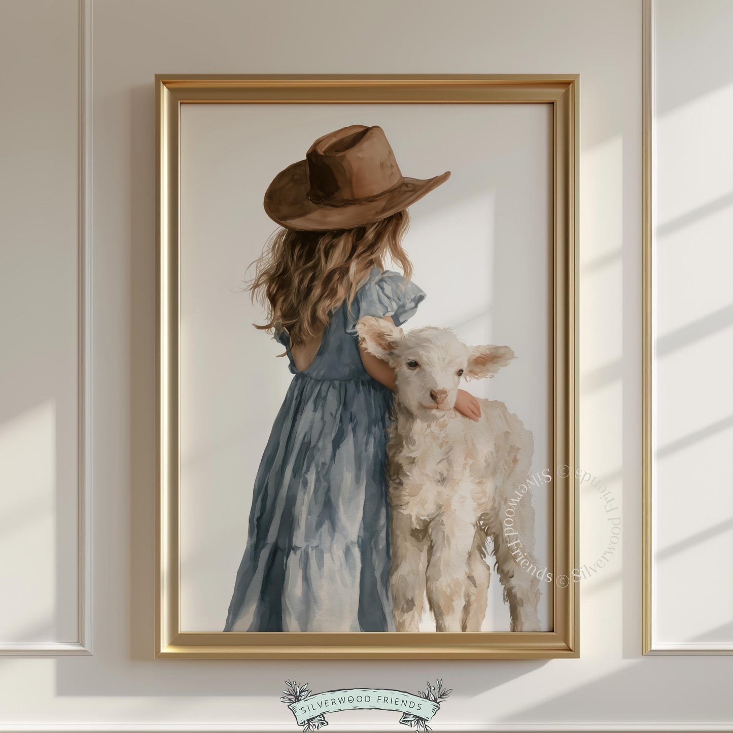 Child holding sheep printable wall art for baby room — peaceful pastoral illustration with soft palette