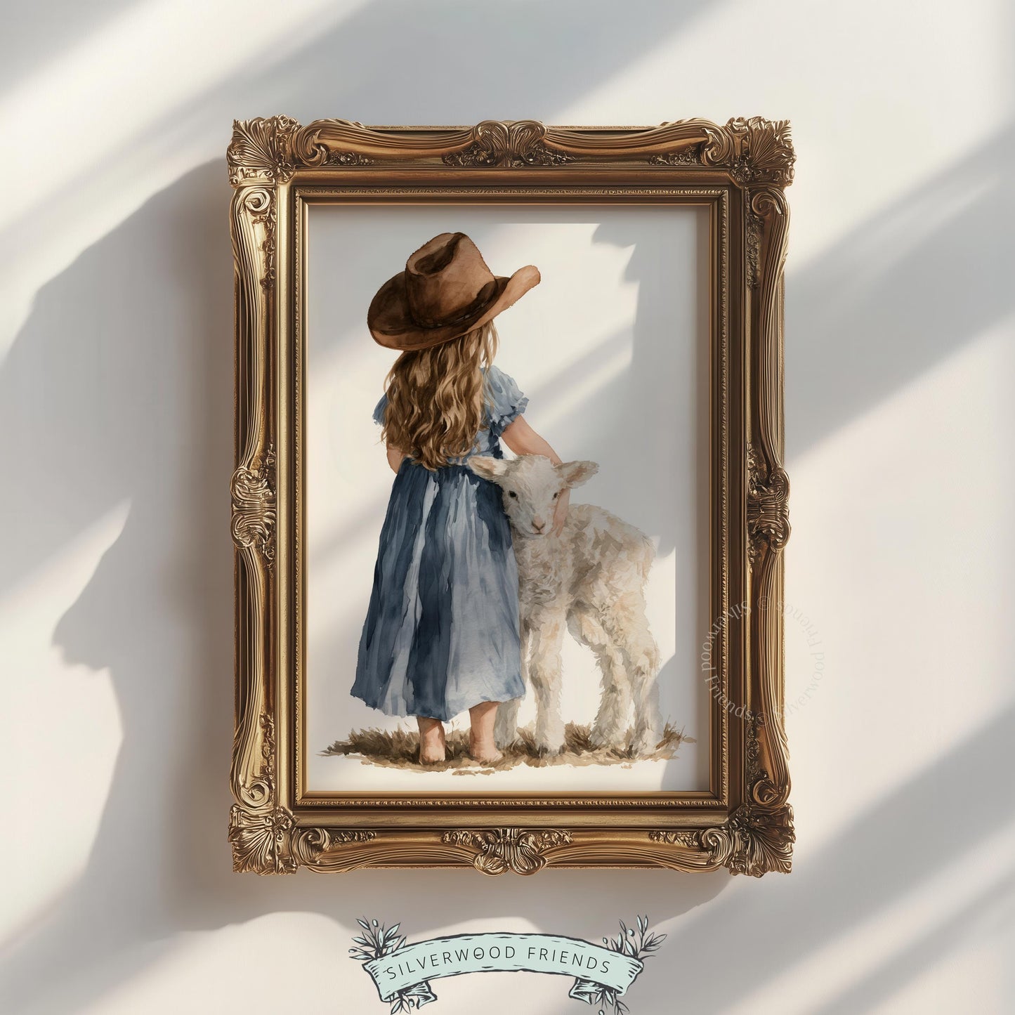 Girl holding lamb poster for baby room — tender watercolor illustration with cozy rustic aesthetic