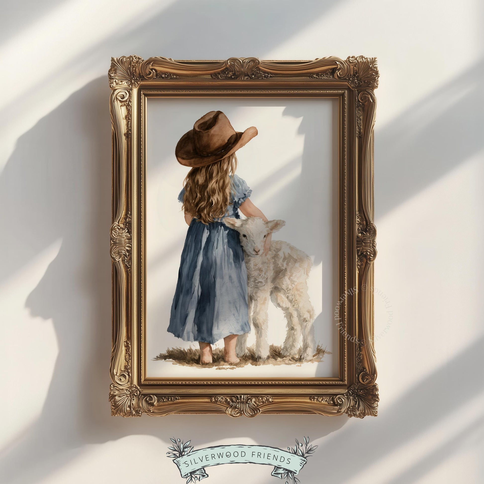 Girl holding lamb poster for baby room — tender watercolor illustration with cozy rustic aesthetic