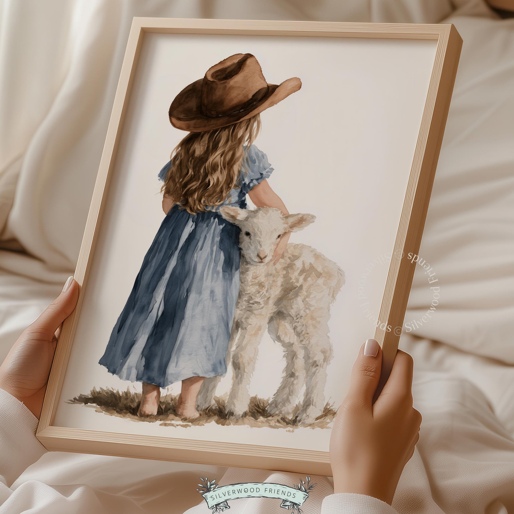Child hugging lamb painting for kids space — serene farmhouse wall decor in soft blue and cream hues