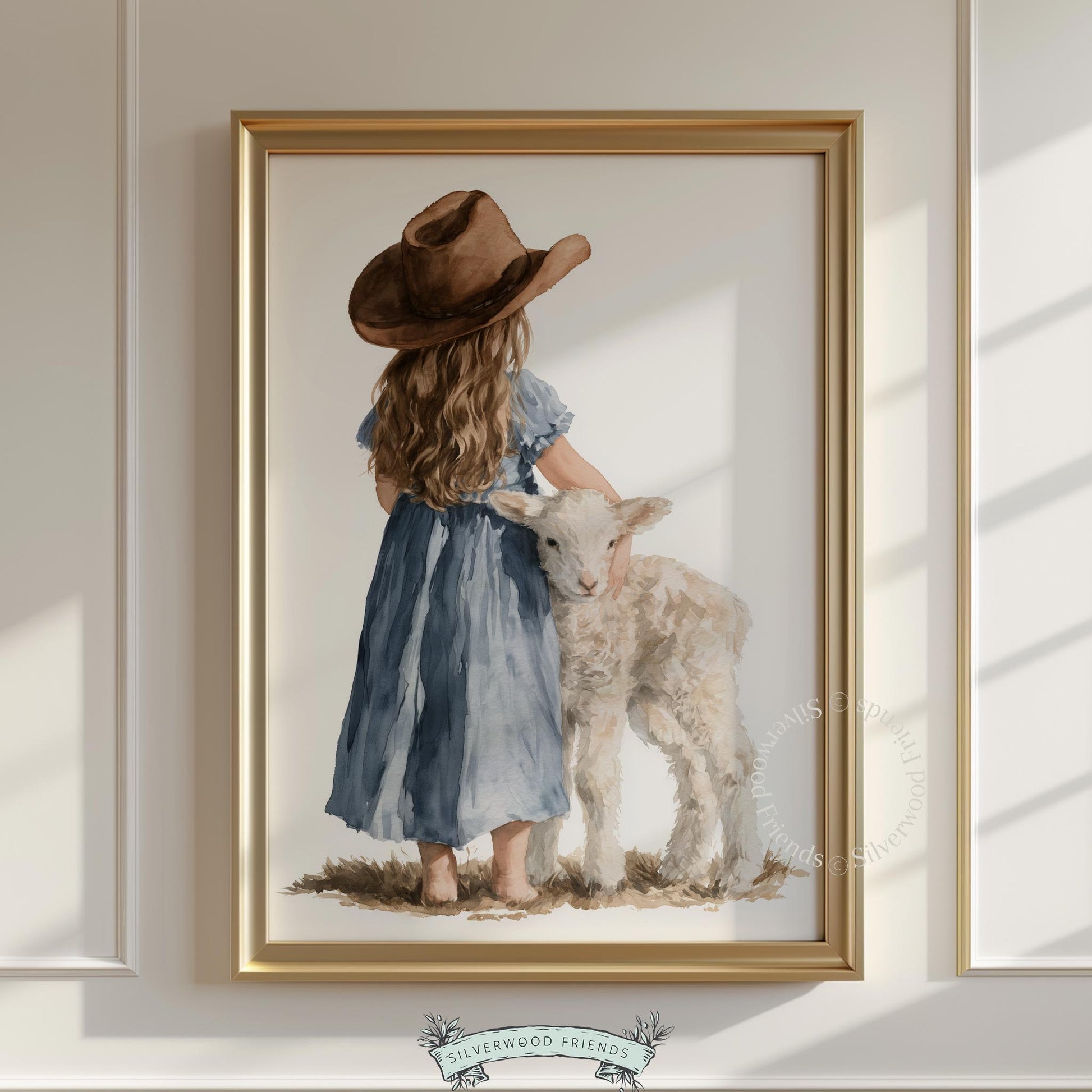 Young girl hugging lamb printable art for nursery — soft watercolor farmhouse wall art in blue and cream tones