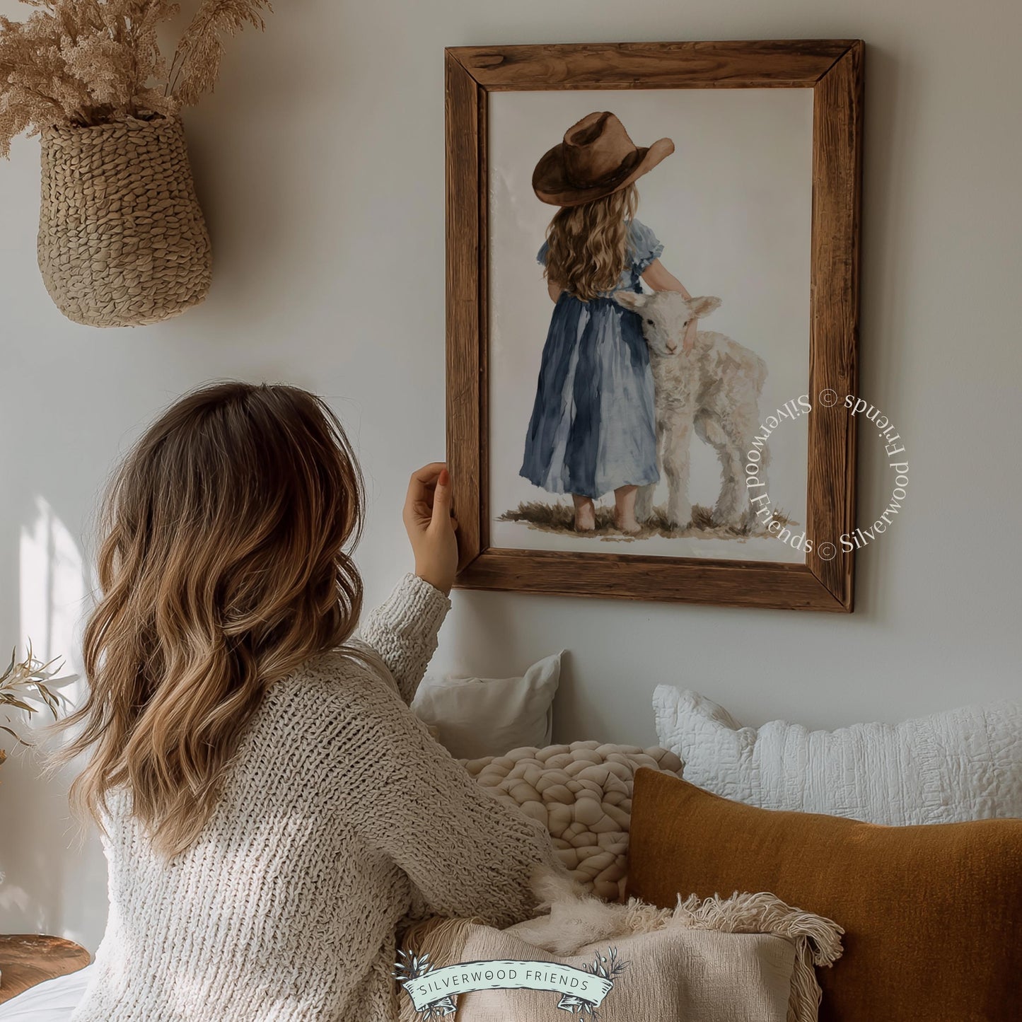 Young girl with sheep digital wall art for kid room — tender pastoral moment in soft cream and brown tones