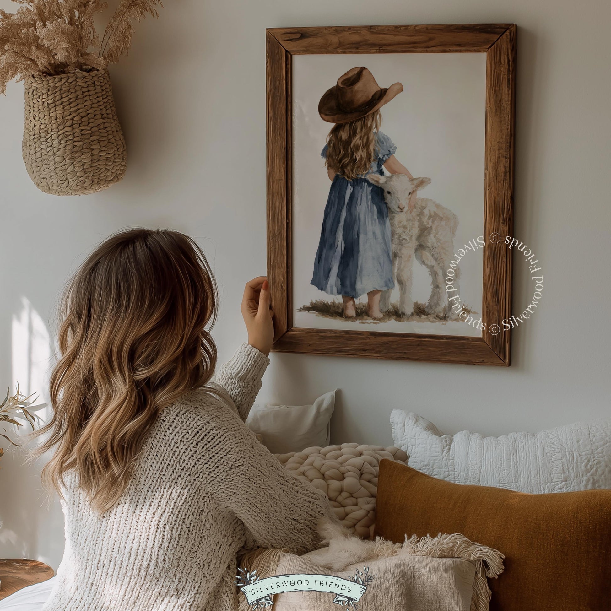 Young girl with sheep digital wall art for kid room — tender pastoral moment in soft cream and brown tones