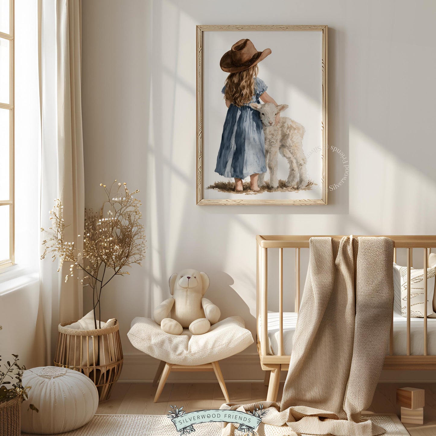 Girl holding lamb wall print for baby nursery — sweet country illustration in flowing blue dress style