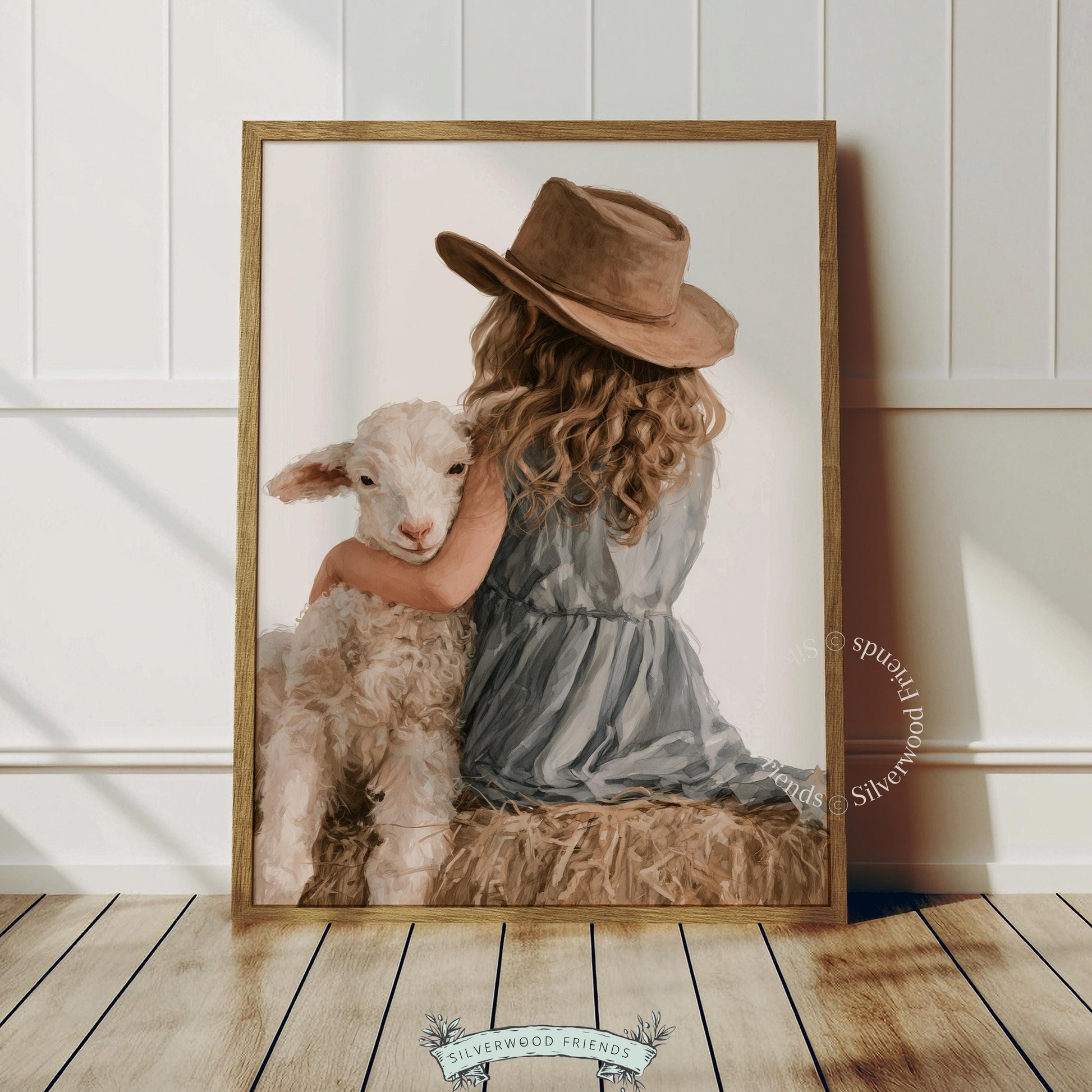 Lamb and child digital wall art for playroom — cottagecore animal illustration, tender moment, earthy palette