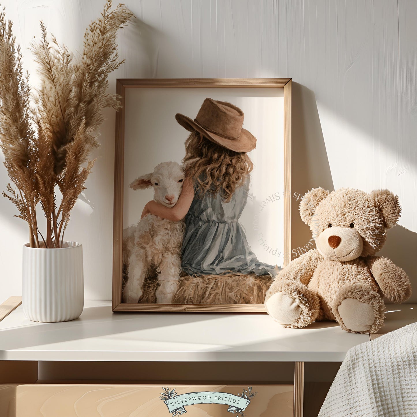 Young child with sheep wall art for farm-themed nursery — tender embrace, neutral palette, cottagecore aesthetic