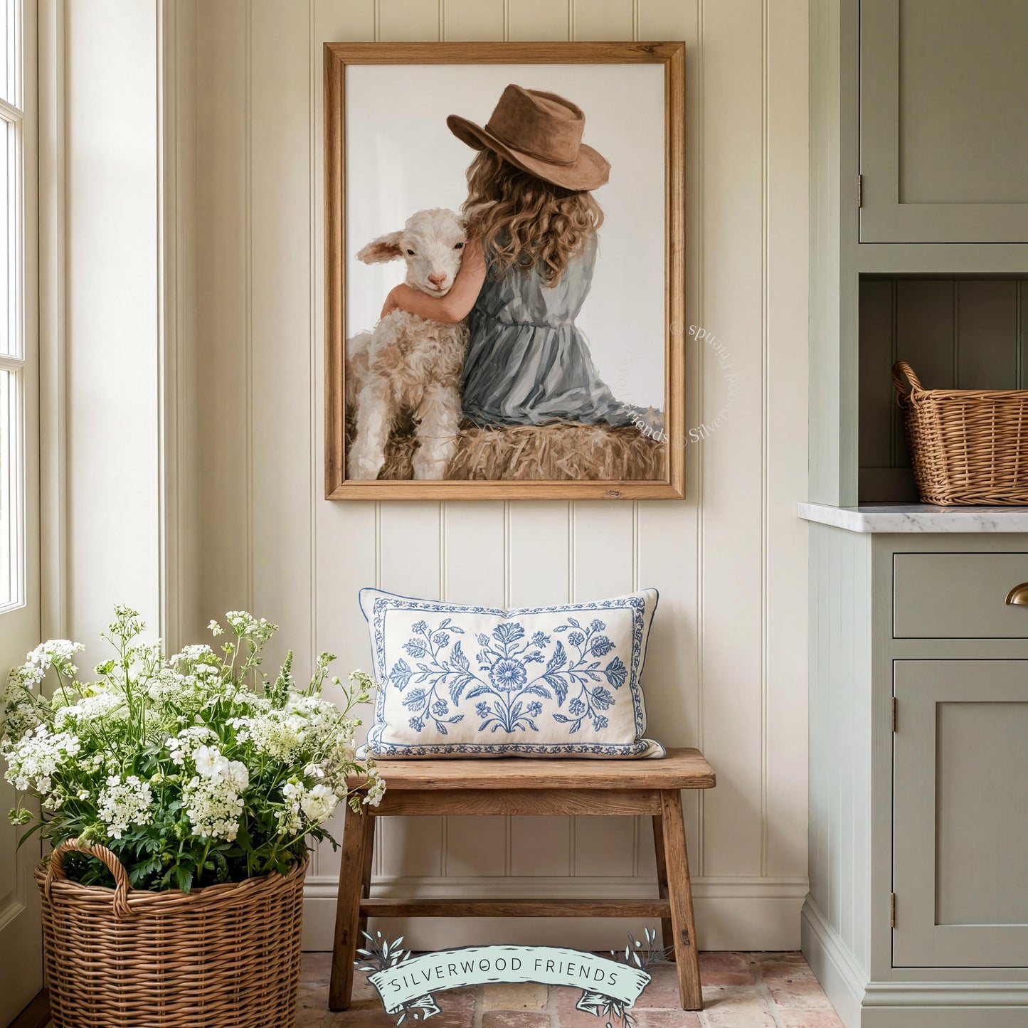 Tender farm scene wall picture for kids bedroom — girl hugging sheep, light background, cottagecore farmhouse style