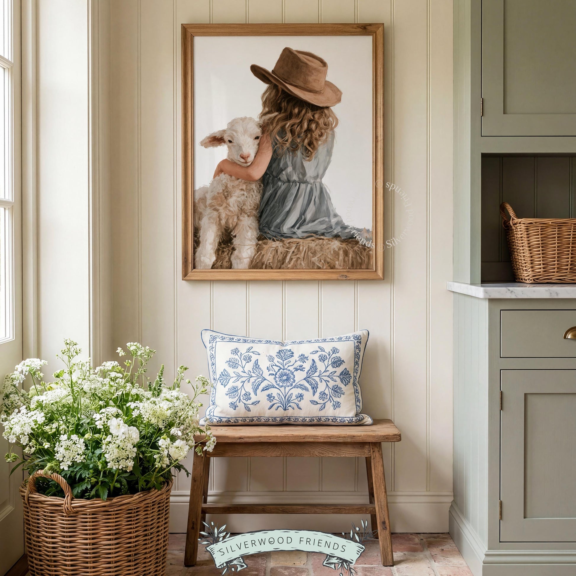 Tender farm scene wall picture for kids bedroom — girl hugging sheep, light background, cottagecore farmhouse style