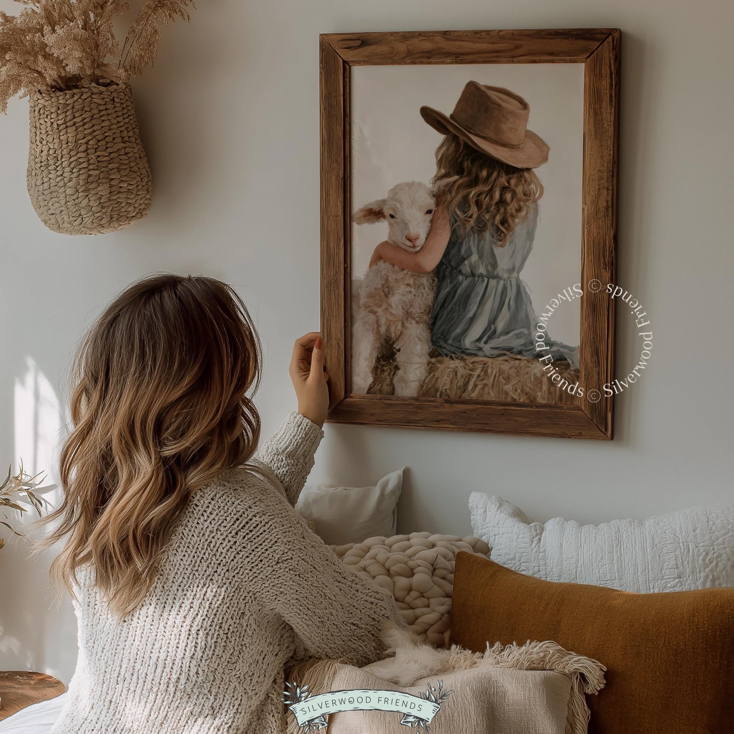 Little girl with baby sheep instant download poster for toddler room — rustic farm aesthetic, soft warm tones