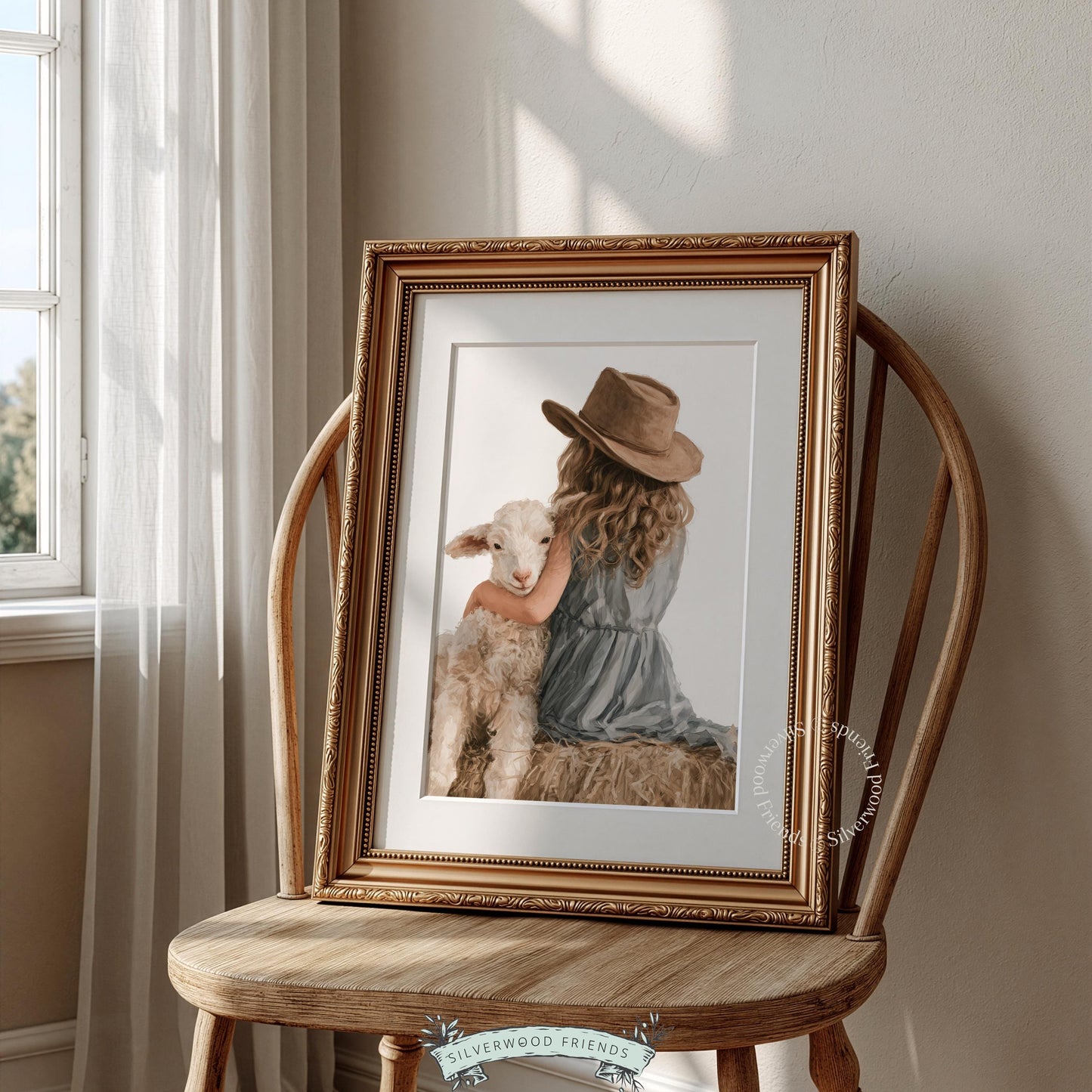 Girl with curly hair and lamb poster for baby room — muted blue dress, brown hat, hay bale farmyard scene