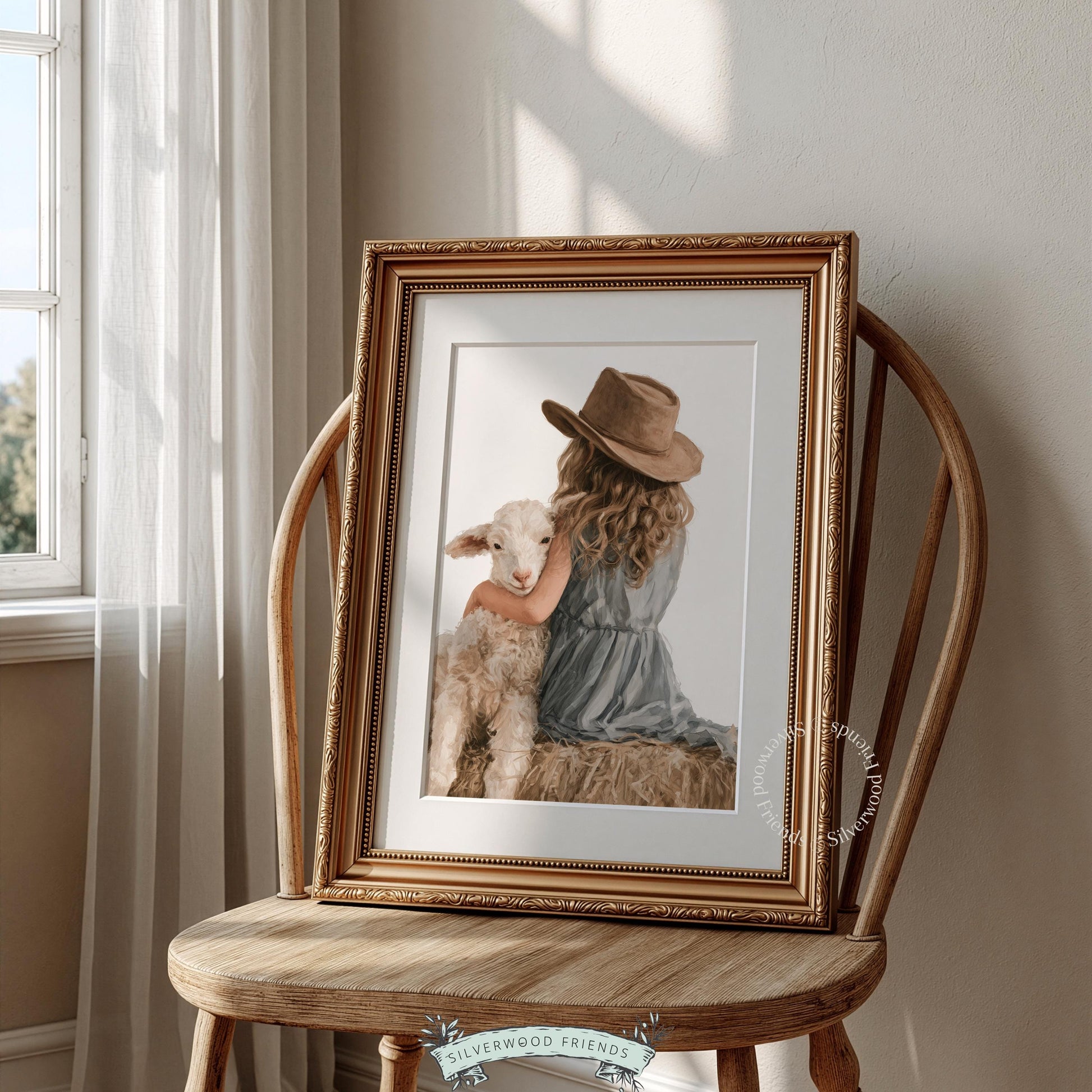 Girl with curly hair and lamb poster for baby room — muted blue dress, brown hat, hay bale farmyard scene