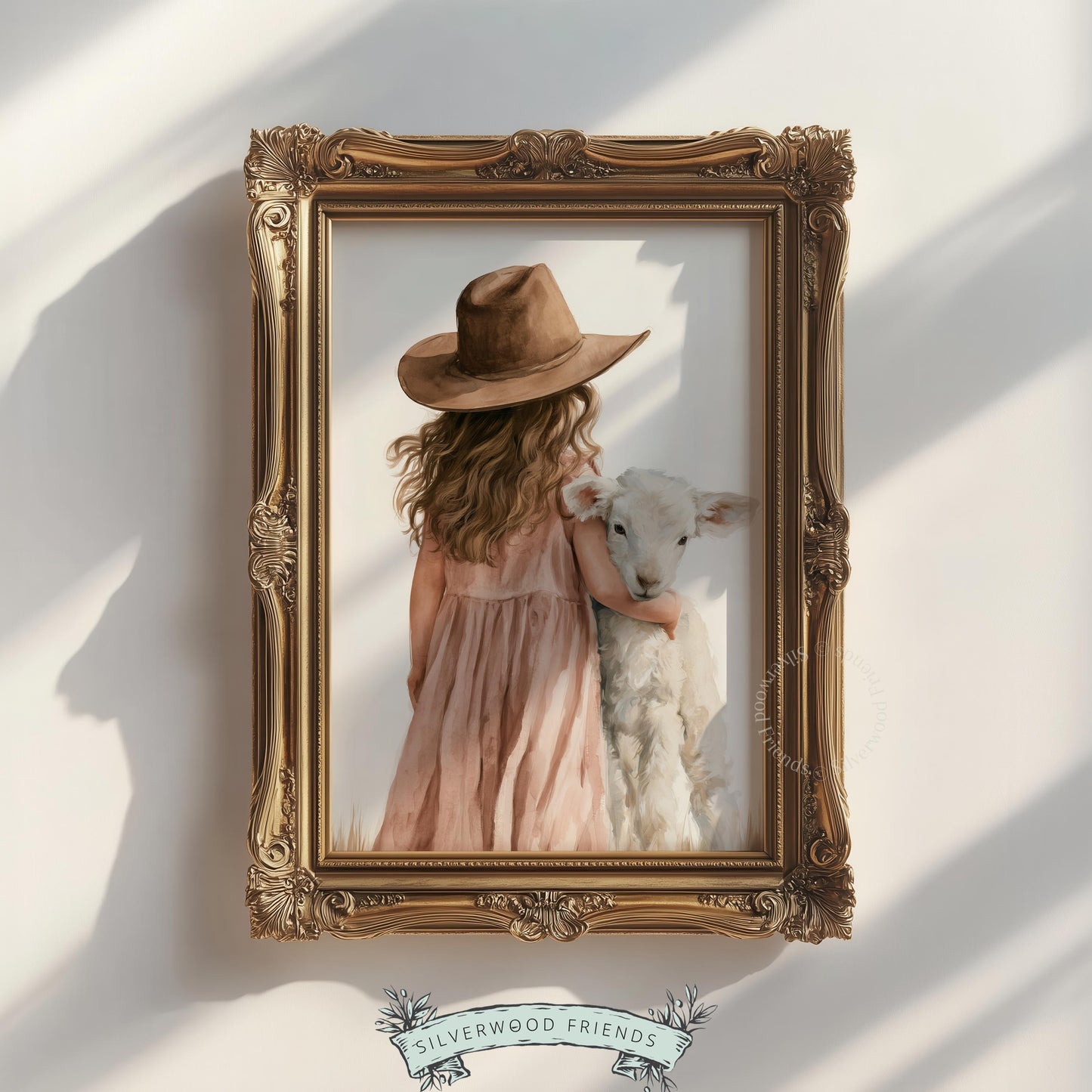 Sheep and child artwork for playroom — gentle watercolor in pink dress and countryside setting