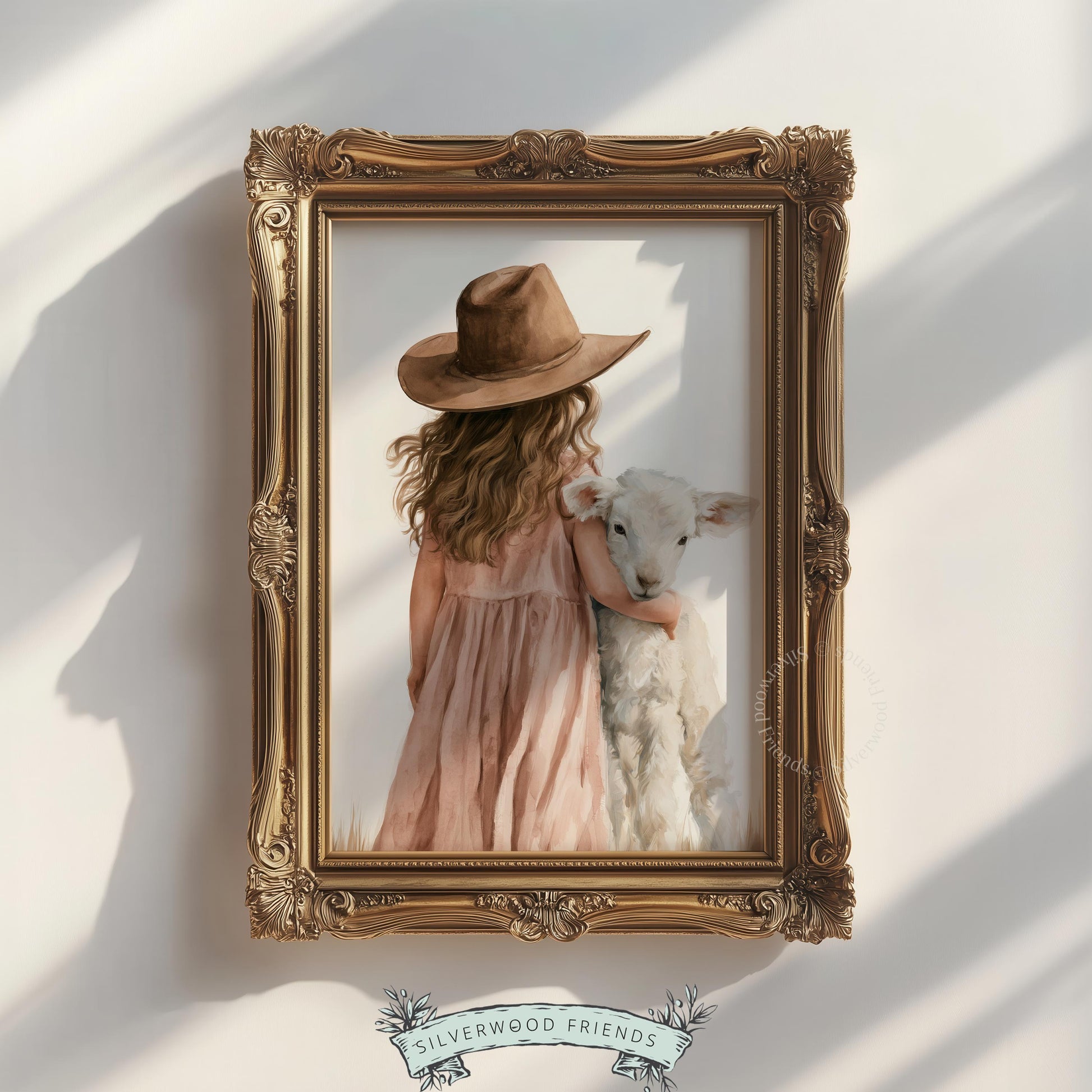 Sheep and child artwork for playroom — gentle watercolor in pink dress and countryside setting