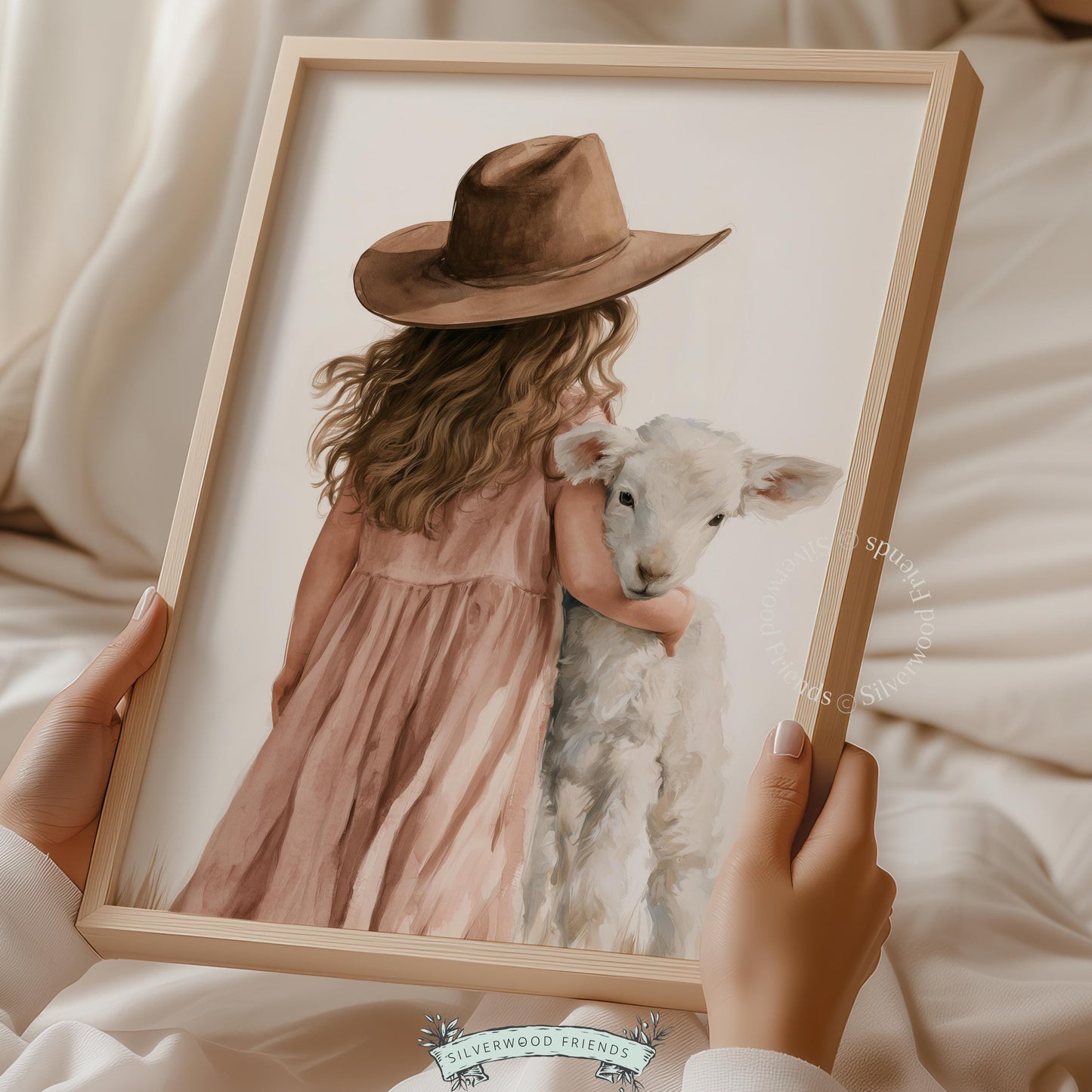 Child petting white lamb picture for farm-themed room — soft watercolor with peaceful storybook mood
