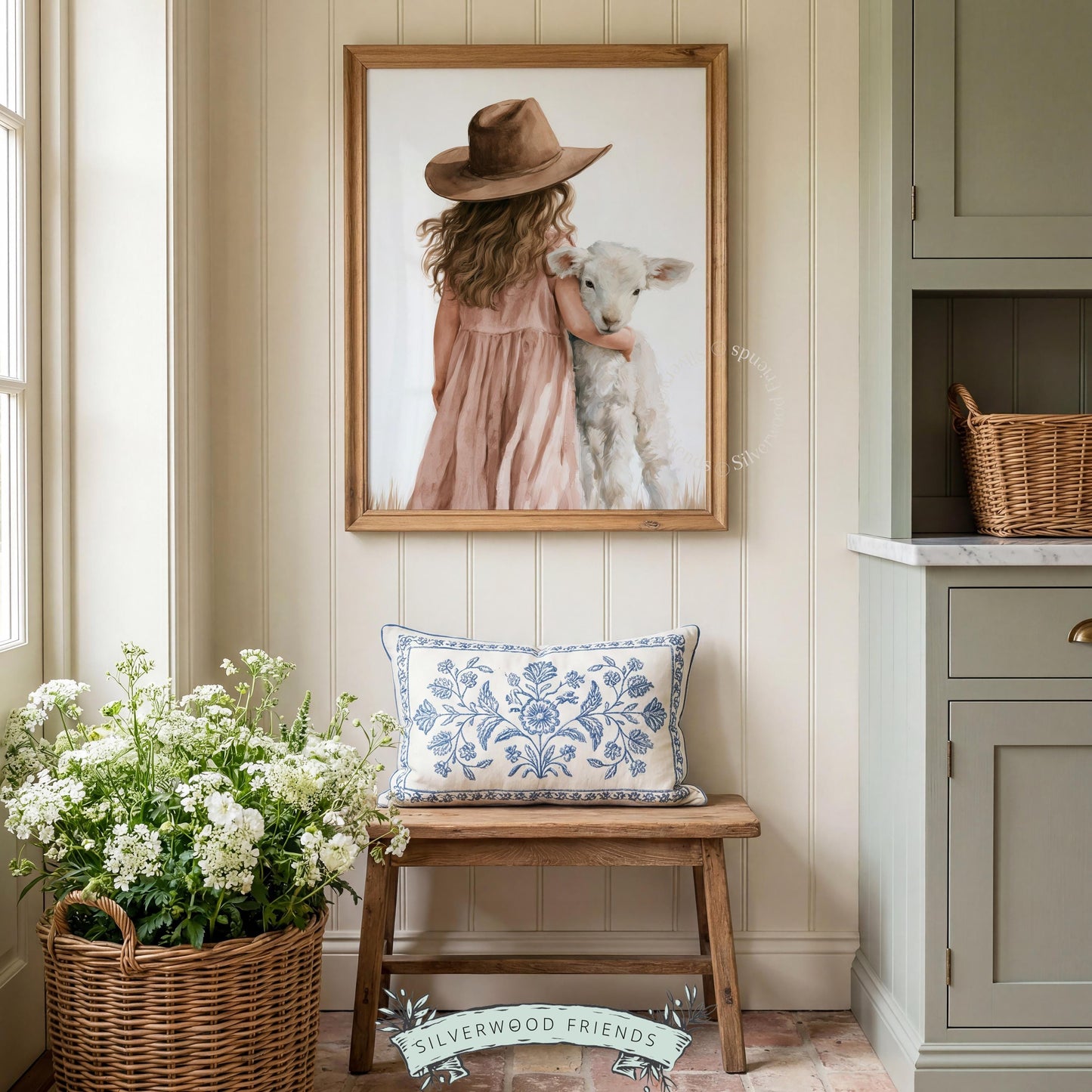 Toddler with sheep painting for playroom — soft farmhouse-inspired picture with peaceful mood